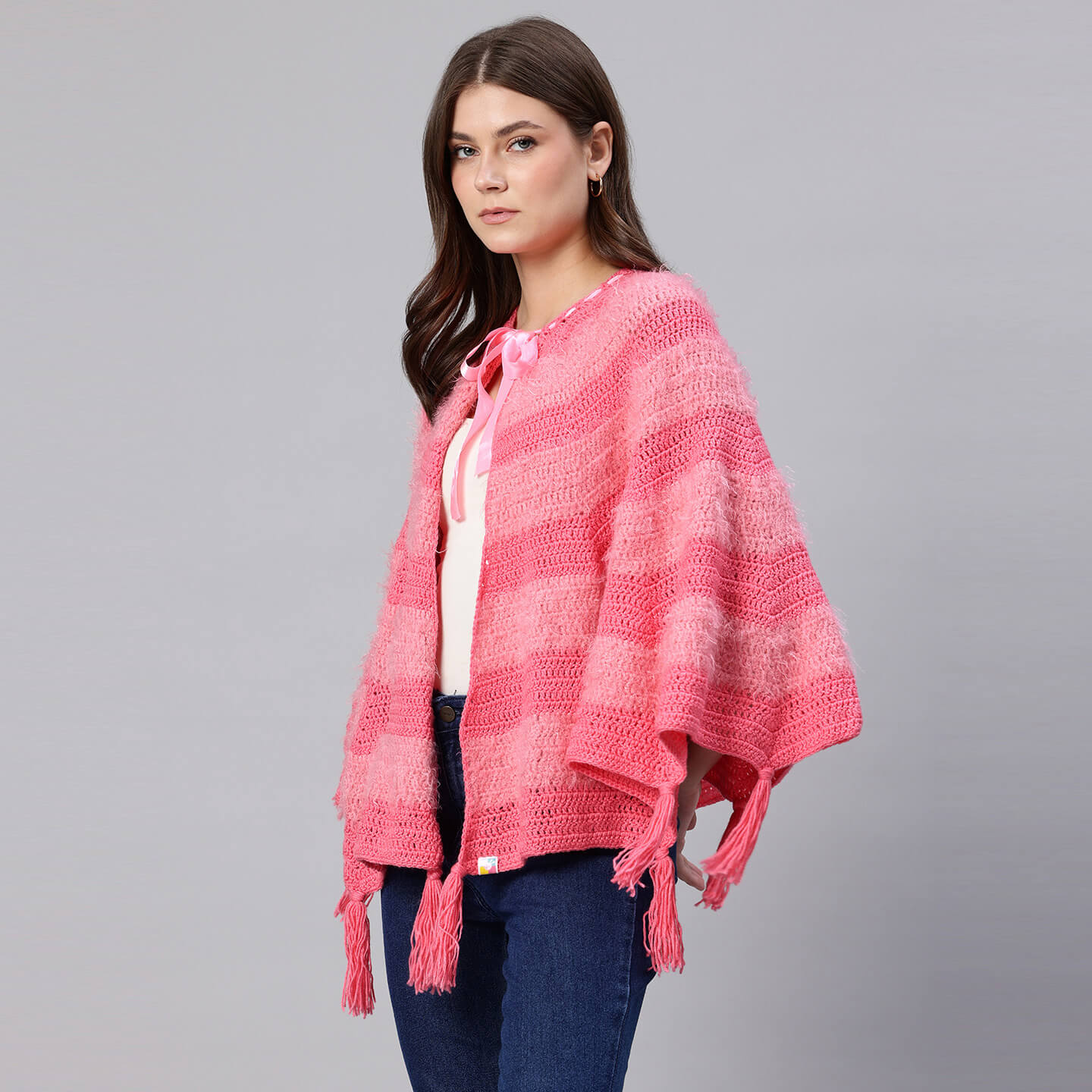 Pink Fur Fan Shawl with Tassles - 10055