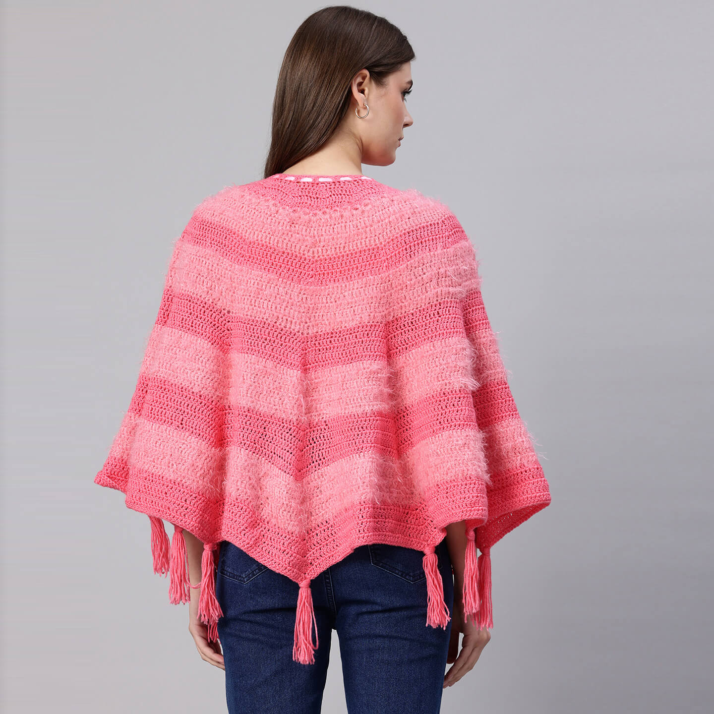 Pink Fur Fan Shawl with Tassles - 10055