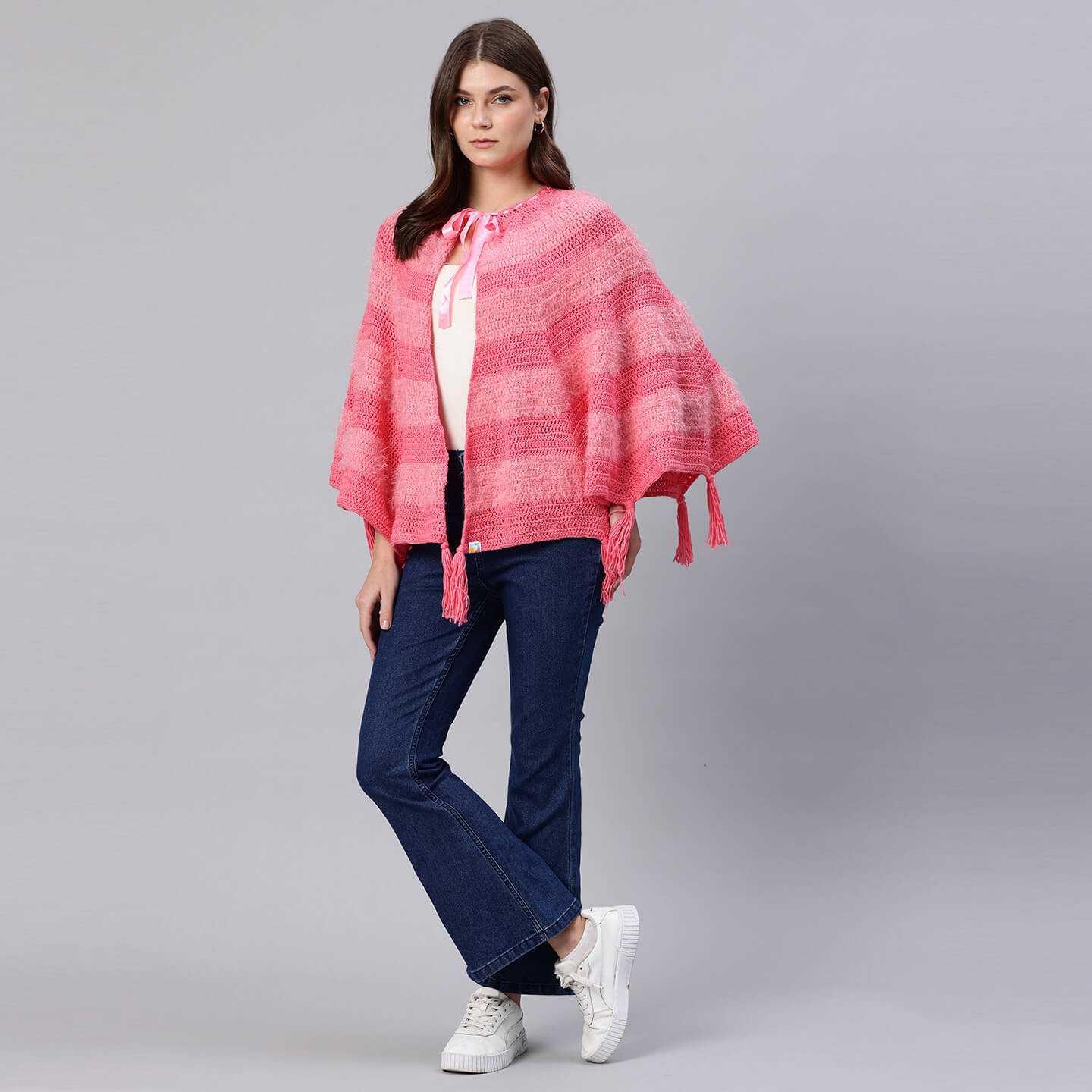 Pink Fur Fan Shawl with Tassles - 10055