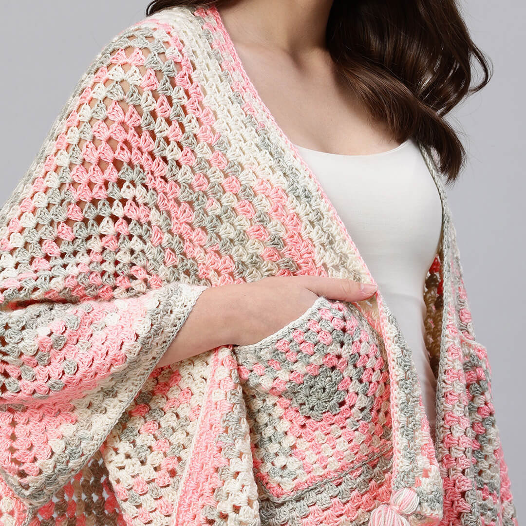 Peaches and Cream Shawl with pockets and Tassles - 10057