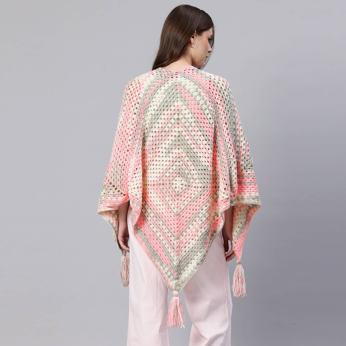 Peaches and Cream Shawl with pockets and Tassles - 10057