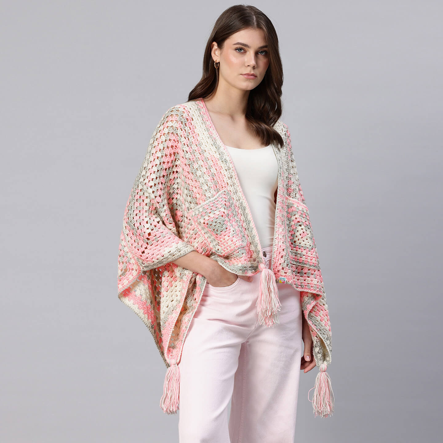 Peaches and Cream Shawl with pockets and Tassles - 10057