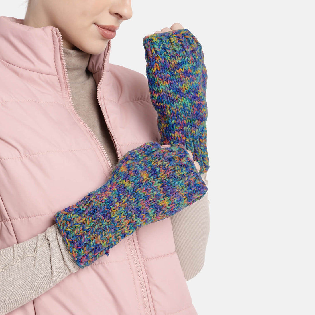 Multi Colored Fingerless Knitted Mittens - 10091