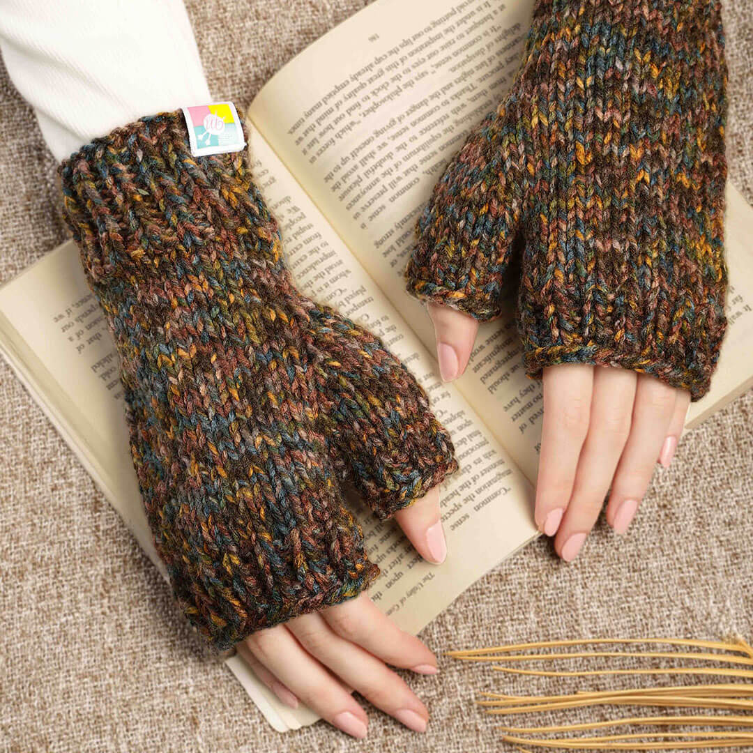 Multi Colored Fingerless Knitted Mittens - 10093