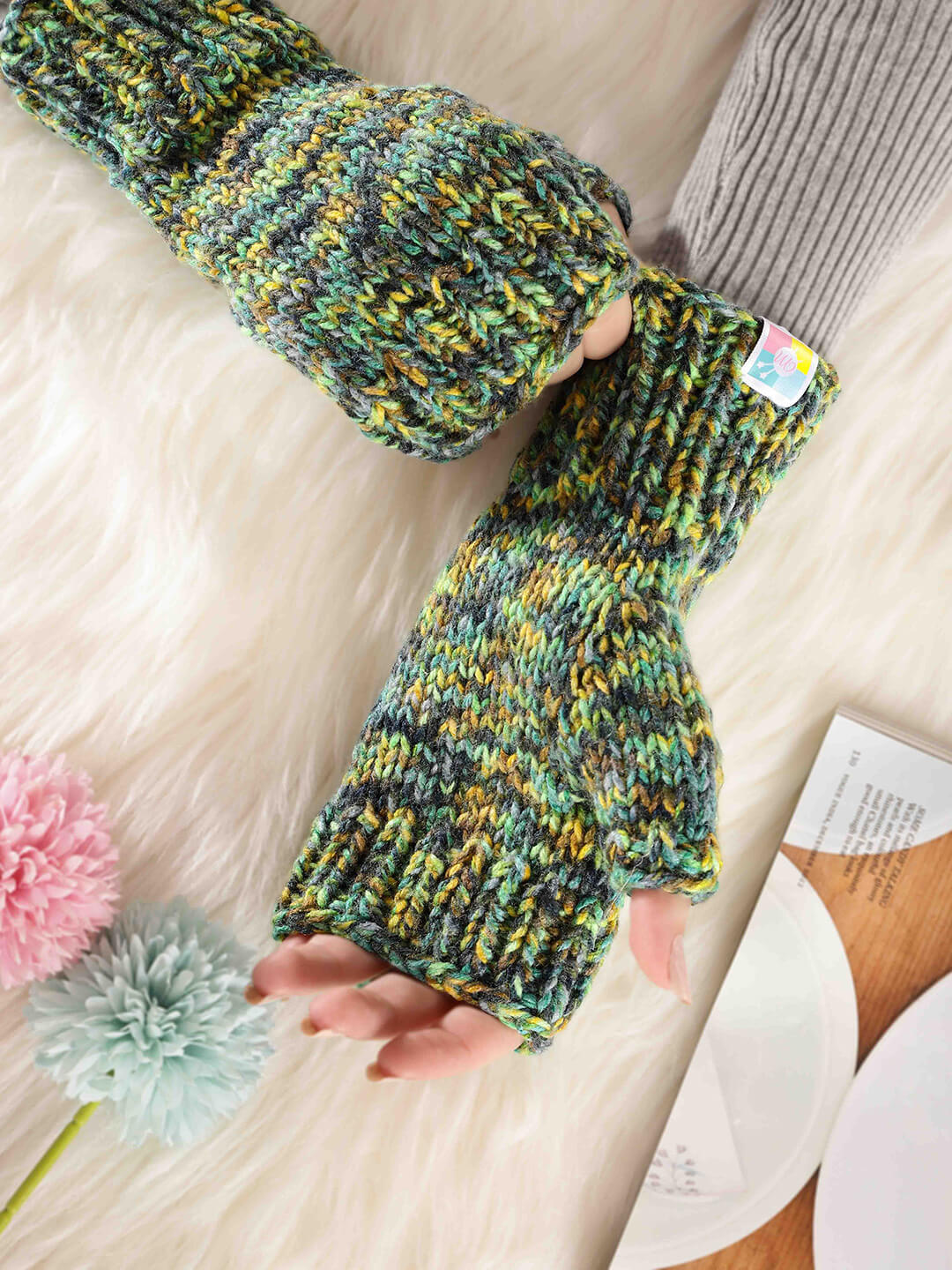 Multi Colored Fingerless Knitted Mittens - 10096