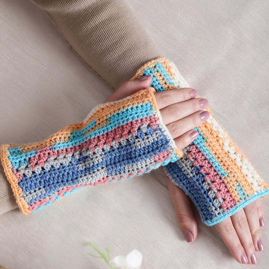 Multi Colored Fingerless Knitted Mittens - 10117