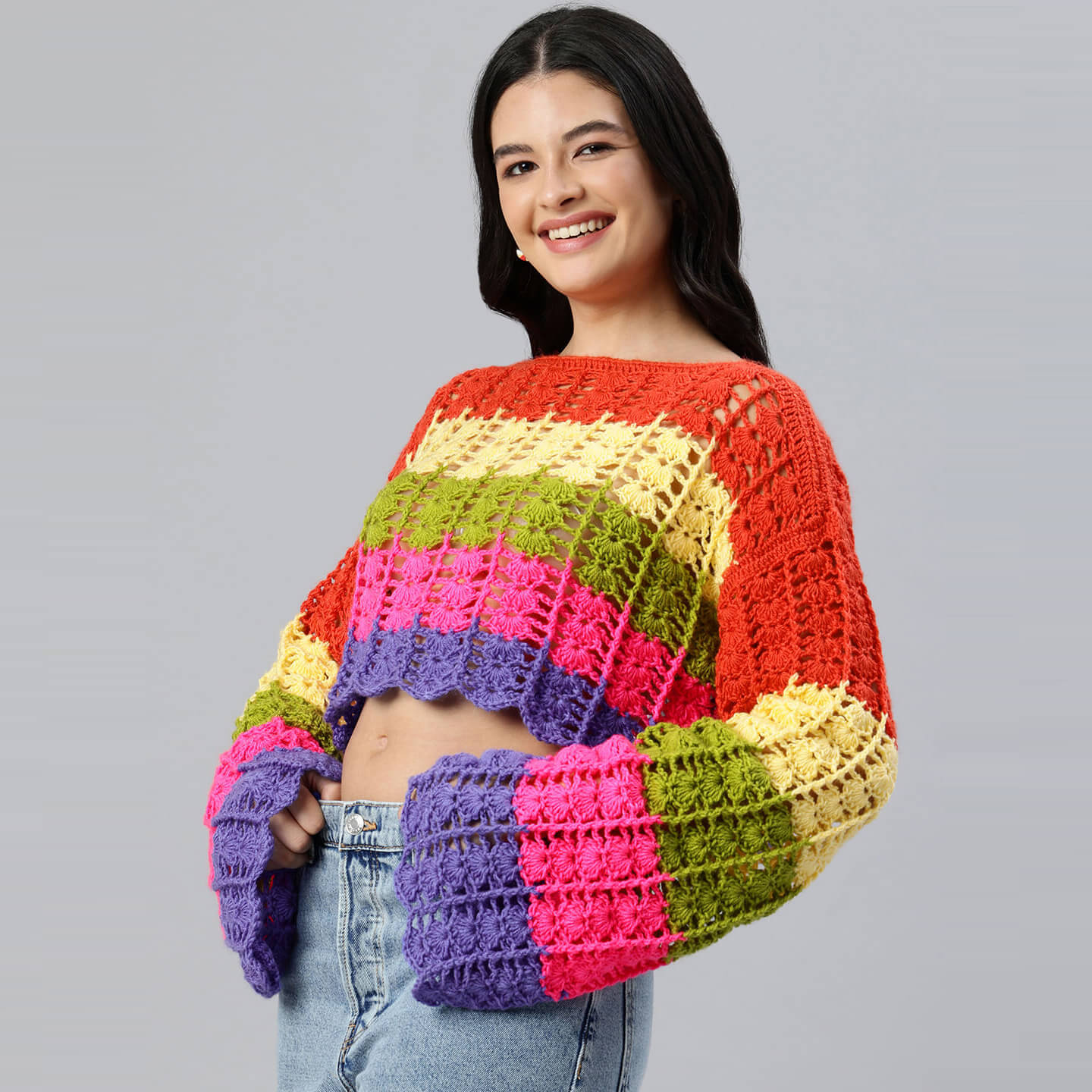 Trendy Neon Short Woolen Top - Multi - 10169