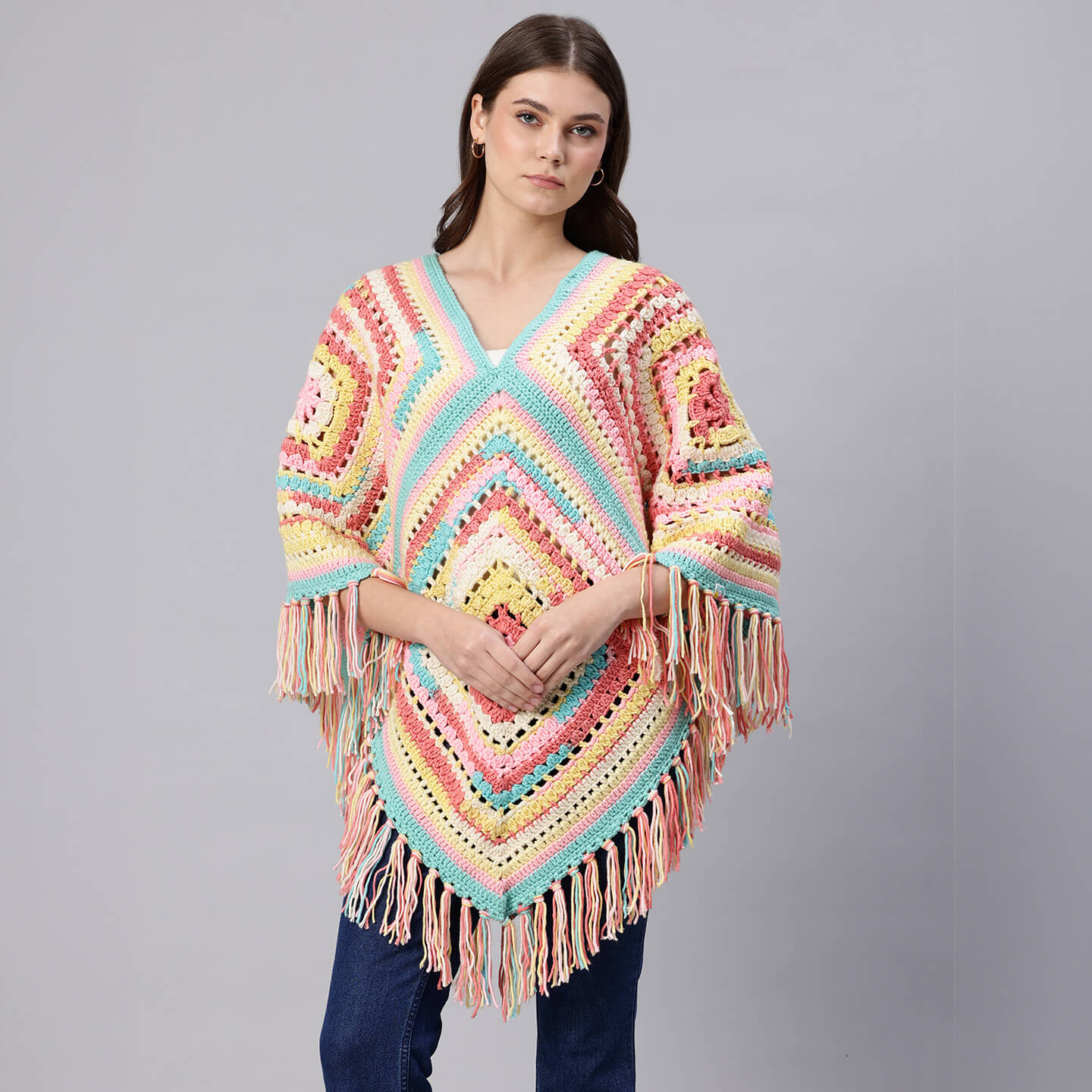 Poncho with Tassels - Multi-color - 10171