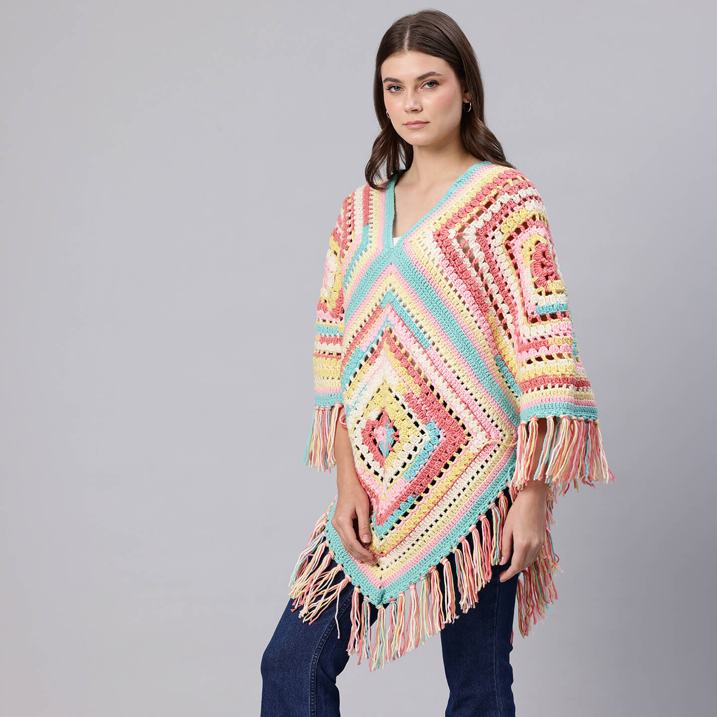 Poncho with Tassels - Multi-color - 10171