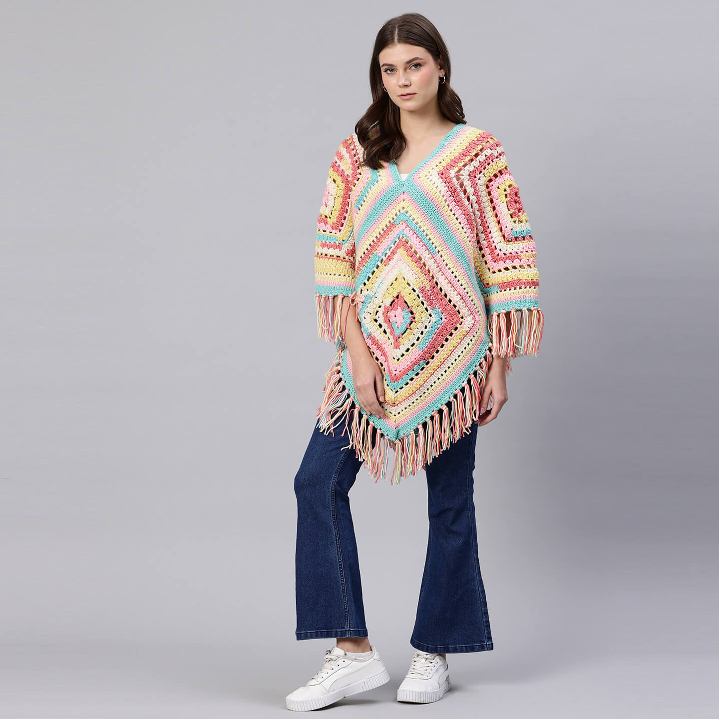 Poncho with Tassels - Multi-color - 10171