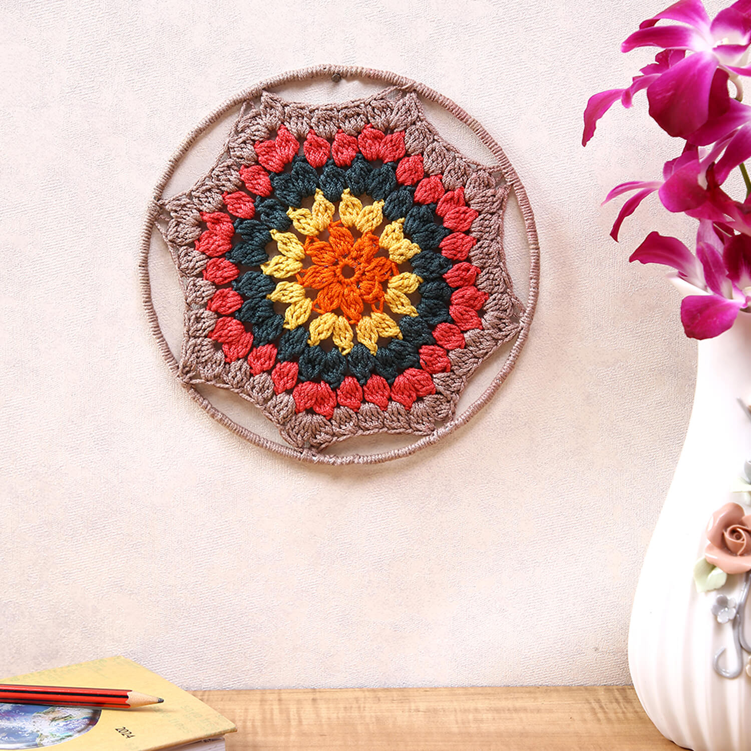 Crochet Mandala Wall Art - Boho Decor - 20 cm - Multi Color