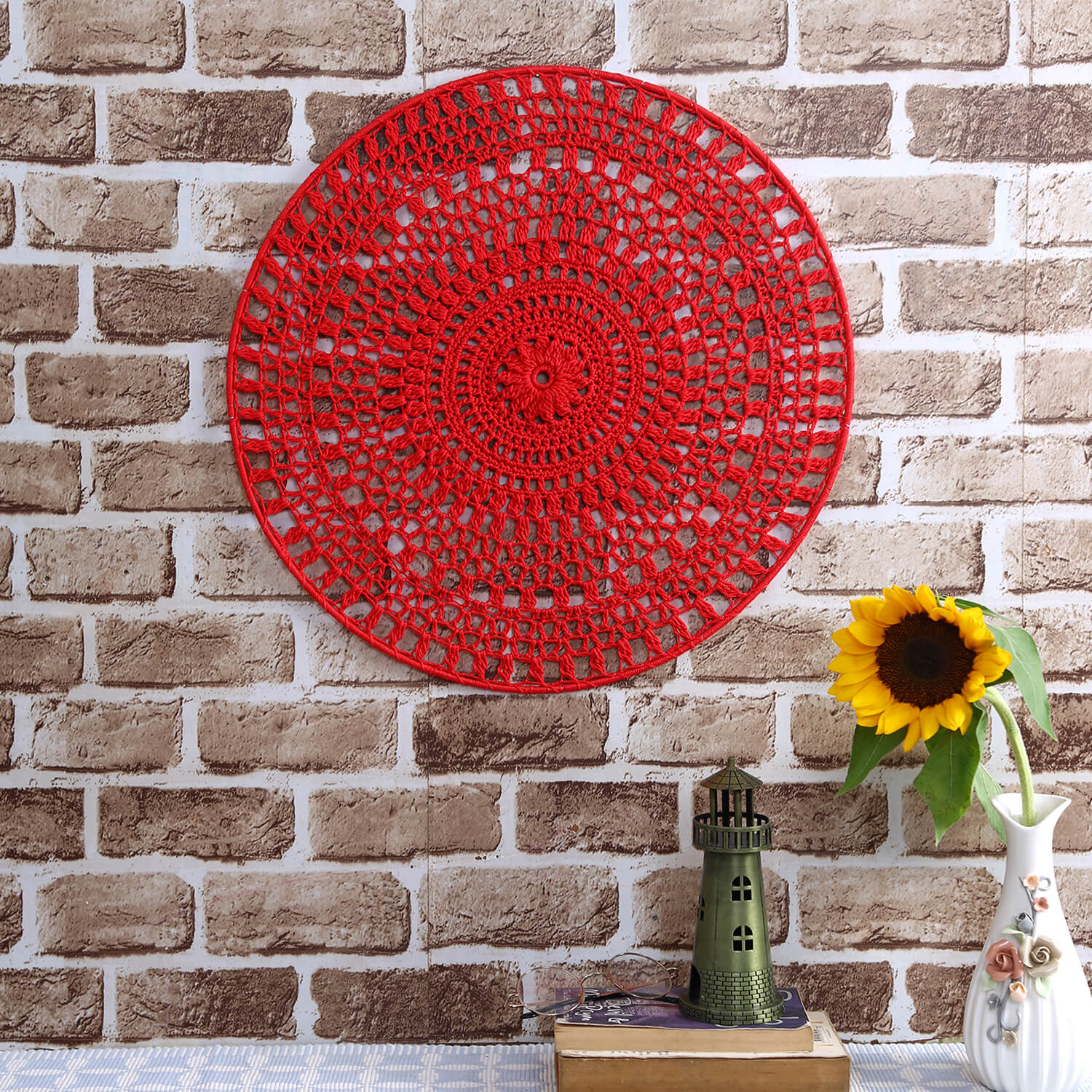 Crochet Mandala Wall Art - Boho Decor - 45 cm - Red