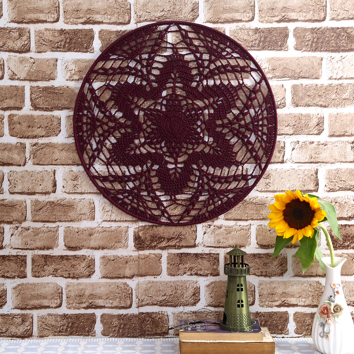 Crochet Mandala Wall Art - Boho Decor - 45 cm - Wine