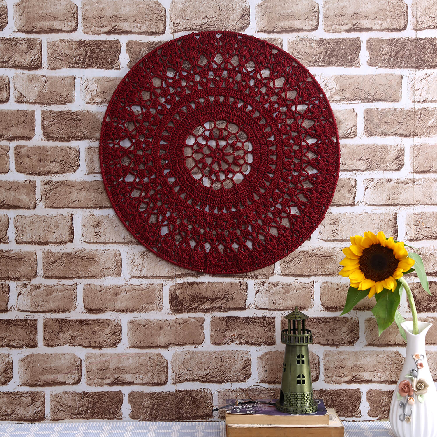 Crochet Mandala Wall Art - Boho Decor - 45 cm - Maroon