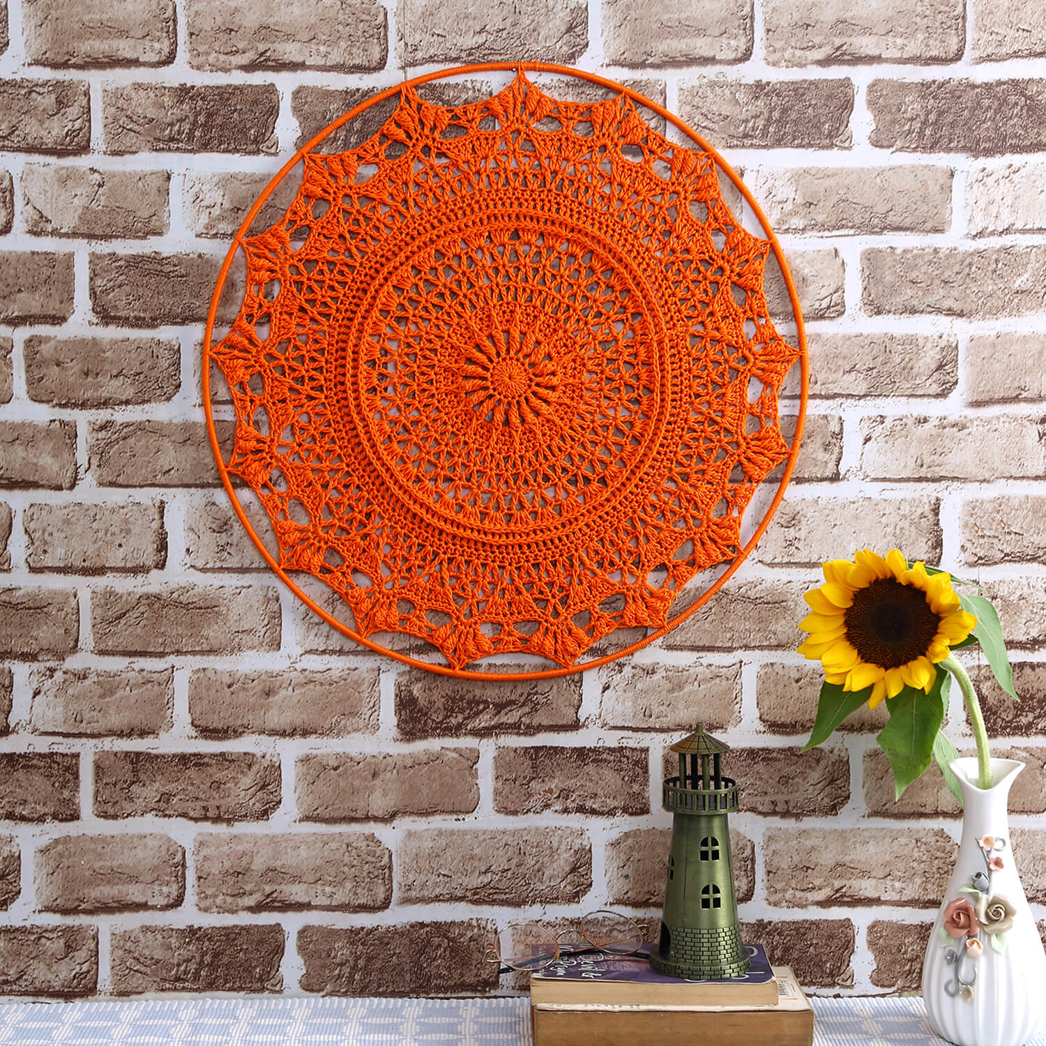 Crochet Mandala Wall Art - Boho Decor - 45 cm - Orange