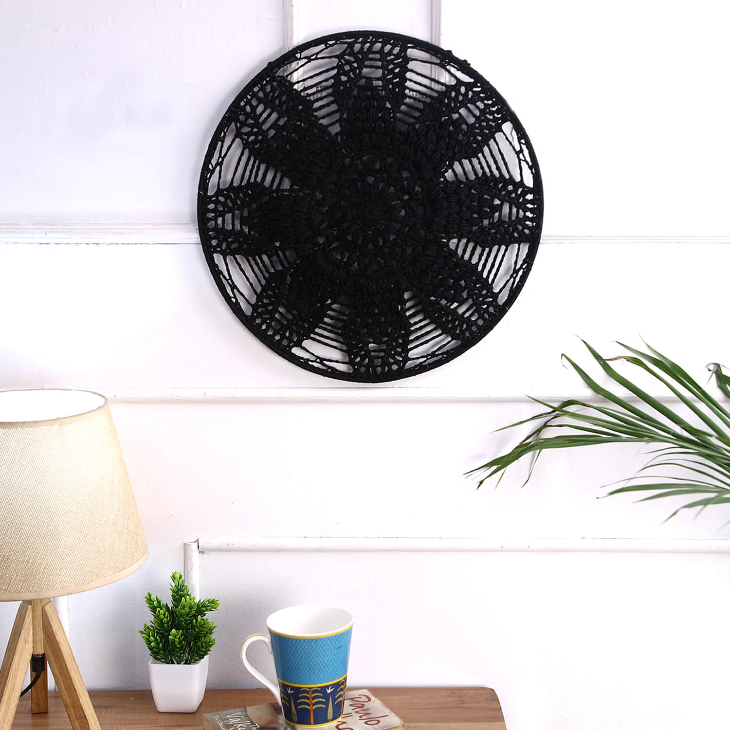 Crochet Mandala Wall Art - Boho Decor - 35 cm - Black