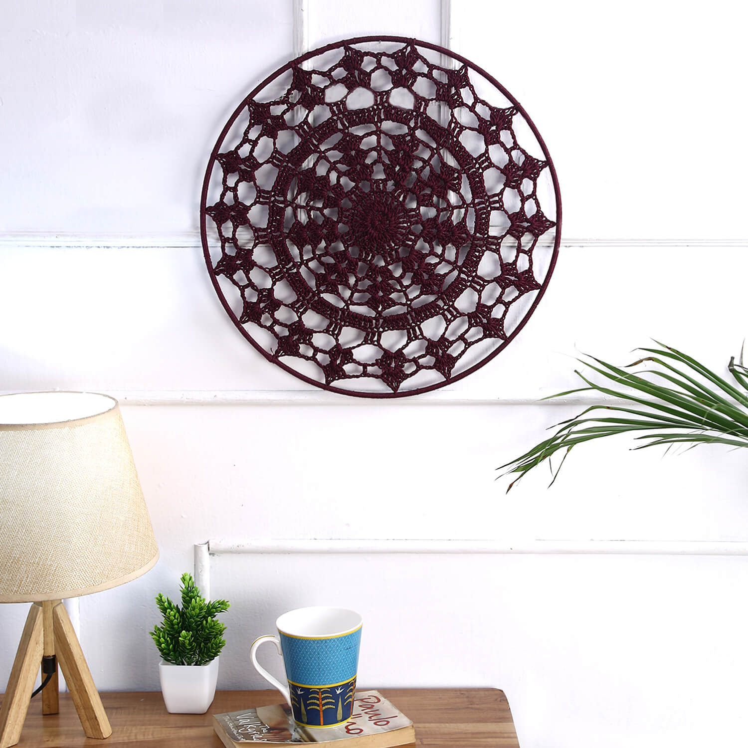 Crochet Mandala Wall Art - Boho Decor - 35 cm - Wine