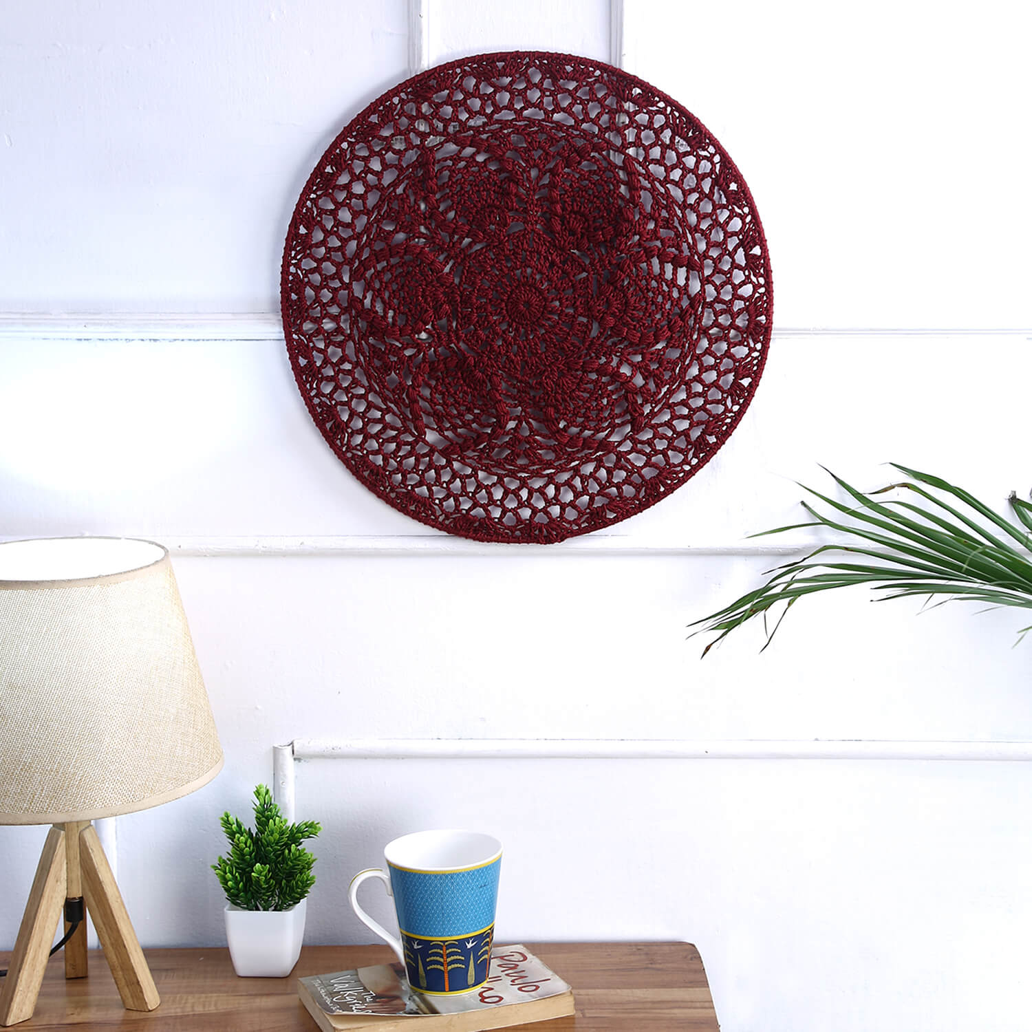 Crochet Mandala Wall Art - Boho Decor - 35 cm - Maroon