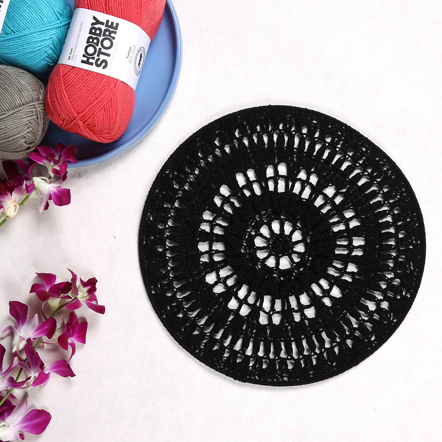 Crochet Mandala Wall Art - Boho Decor - 30 cm - Black