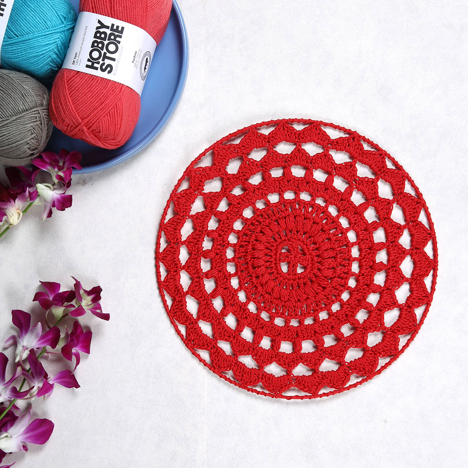 Crochet Mandala Wall Art - Boho Decor - 30 cm - Red