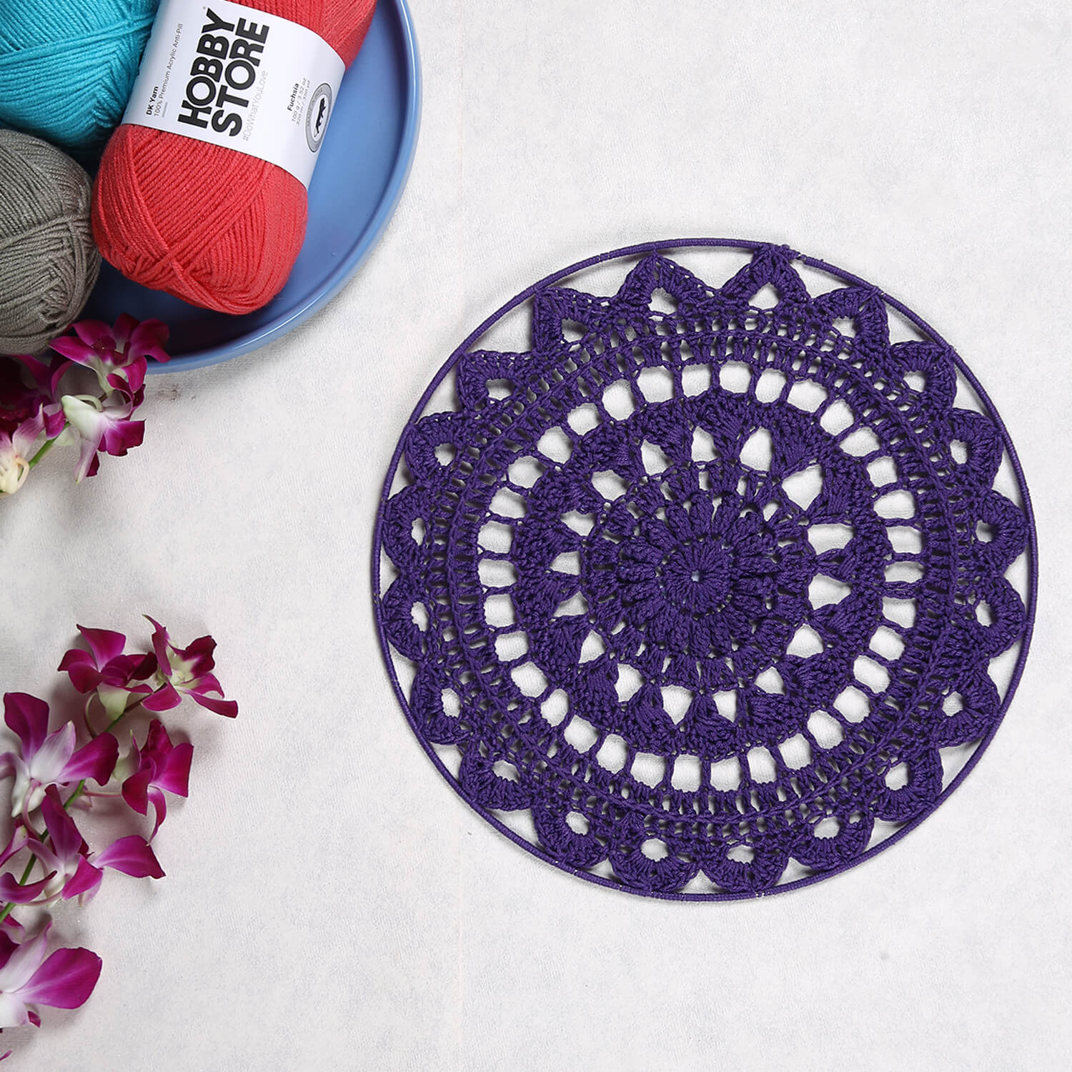 Crochet Mandala Wall Art - Boho Decor - 30 cm - Purple