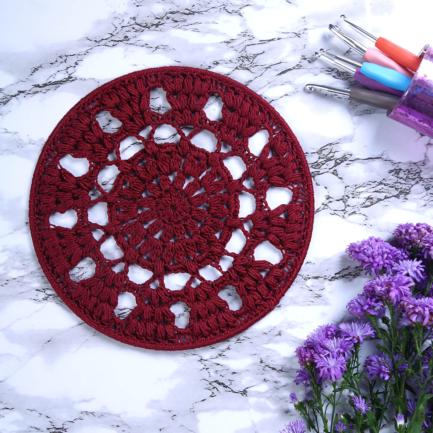 Crochet Mandala Wall Art - Boho Decor - 25 cm - Maroon