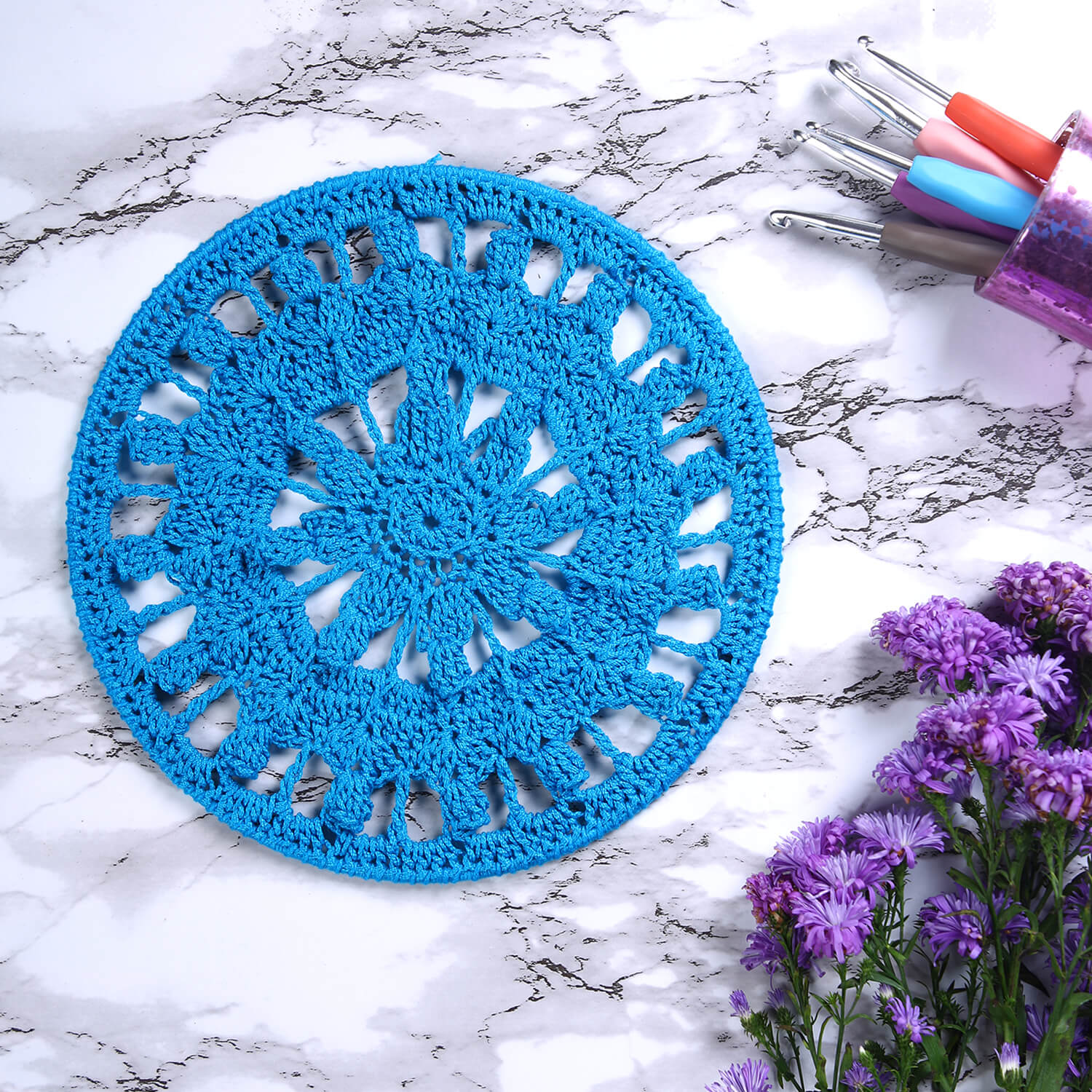 Crochet Mandala Wall Art - Boho Decor - 25 cm - Blue