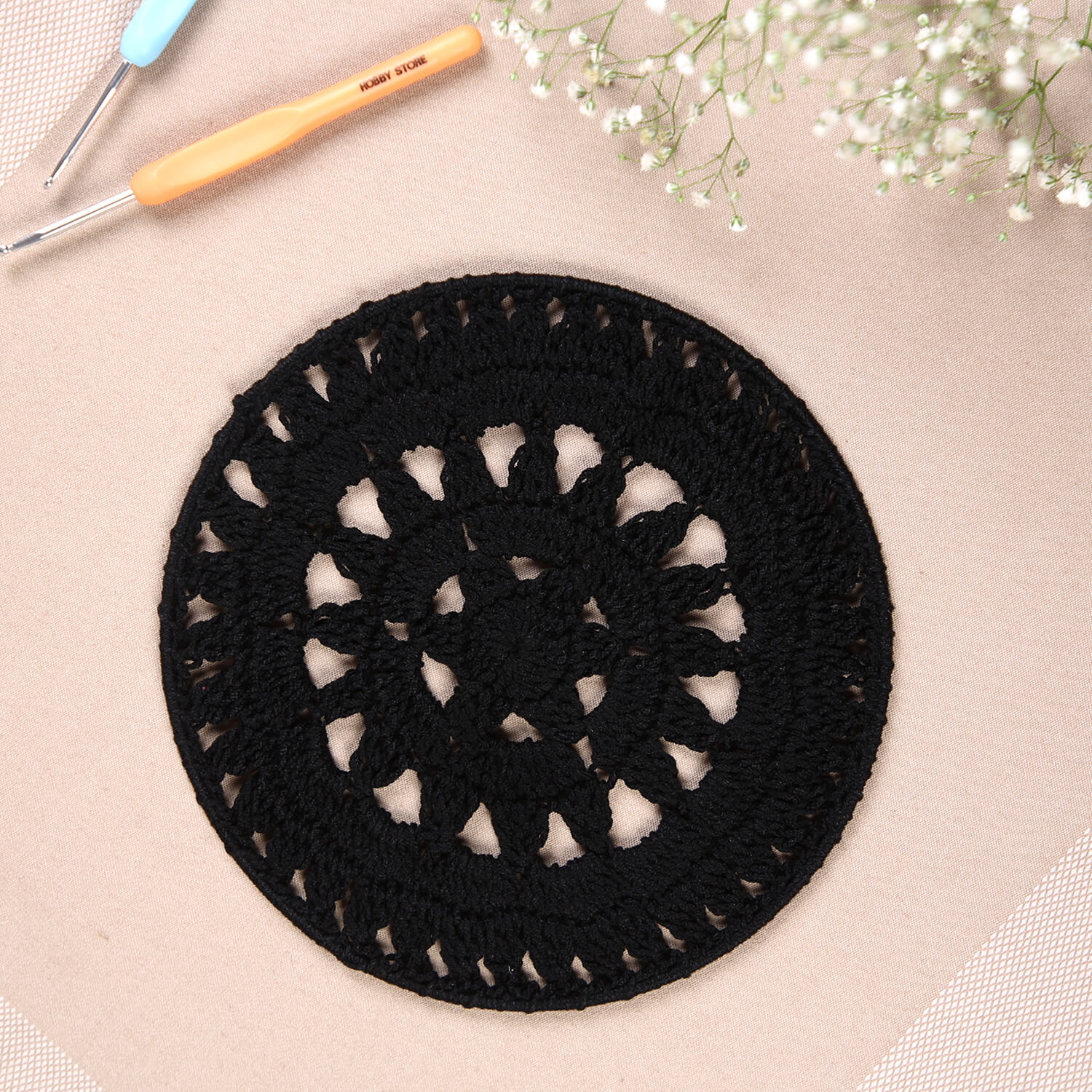 Crochet Mandala Wall Art - Boho Decor - 20 cm - Black