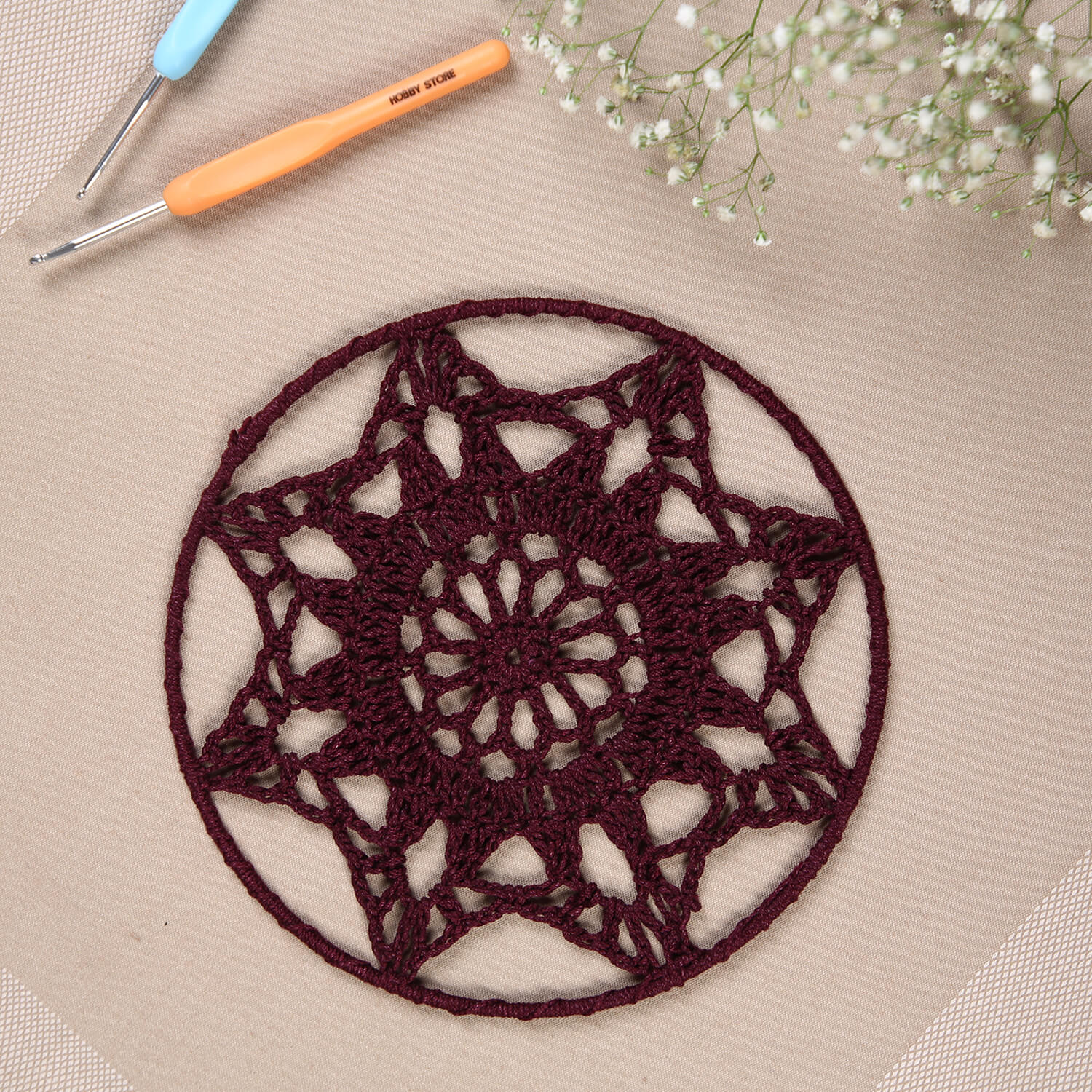 Crochet Mandala Wall Art - Boho Decor - 20 cm - Wine