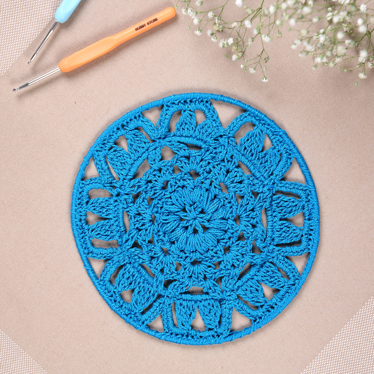 Crochet Mandala Wall Art - Boho Decor - 20 cm - Blue