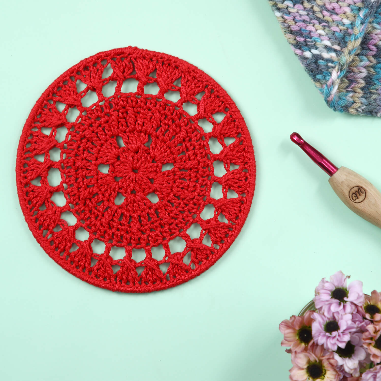 Crochet Mandala Wall Art - Boho Decor - 15 cm - Red