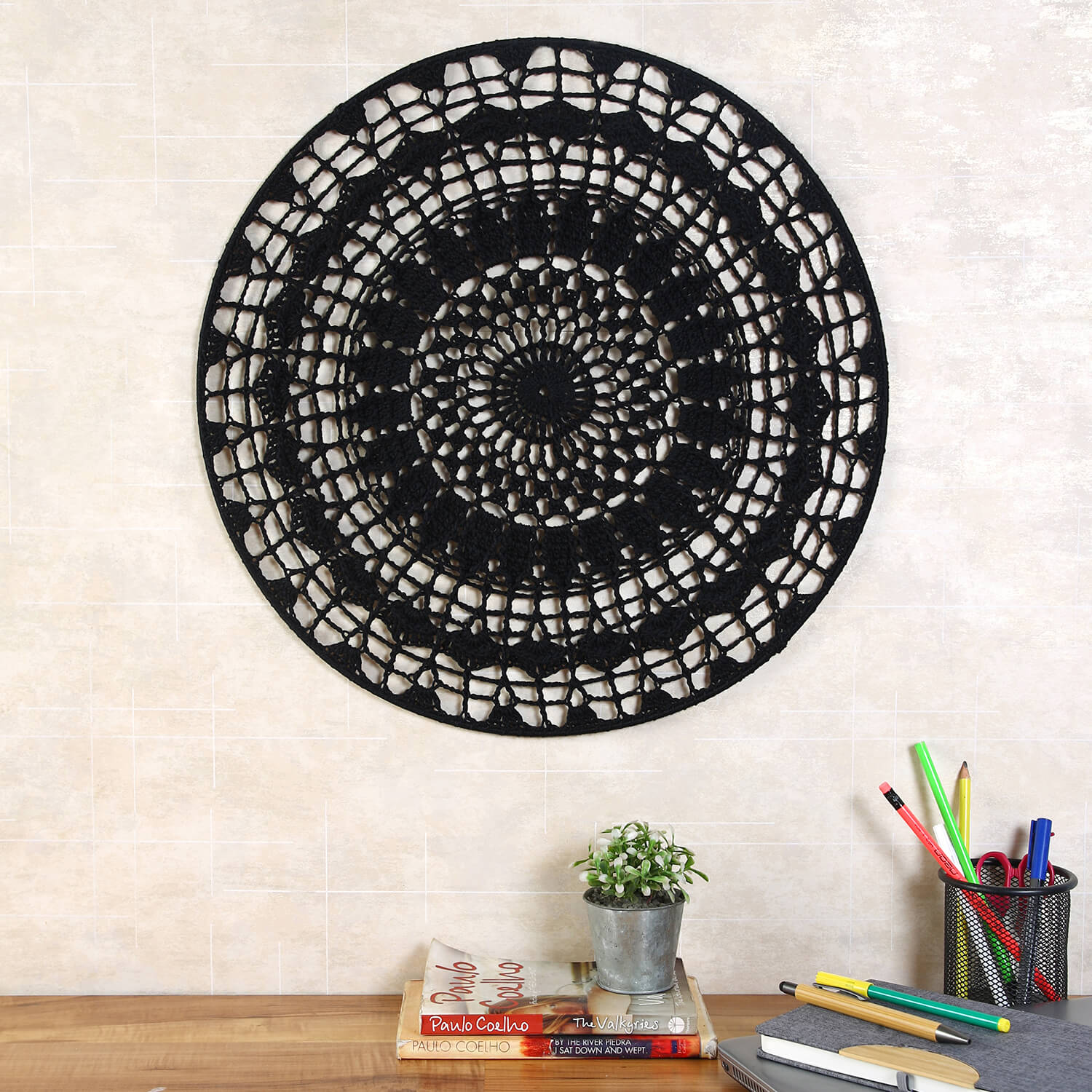 Crochet Mandala Wall Art - Boho Decor - 45 cm - Black