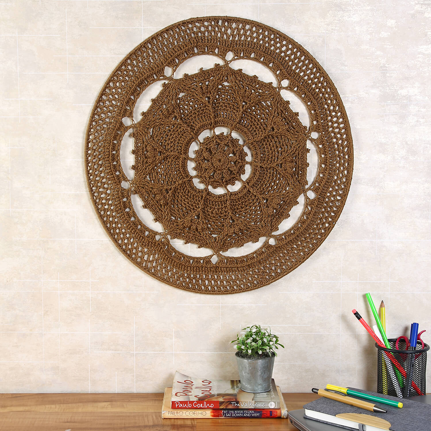 Crochet Mandala Wall Art - Boho Decor - 45 cm - Brown