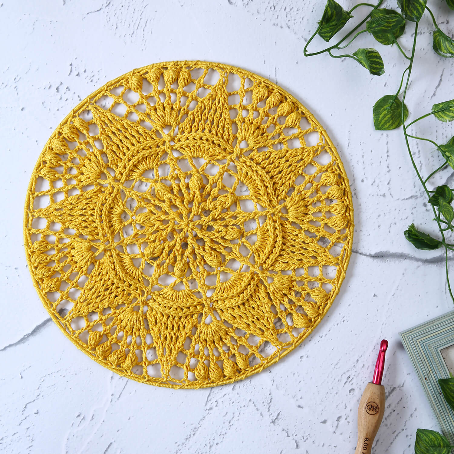 Crochet Mandala Wall Art - Boho Decor - 30 cm - Yellow