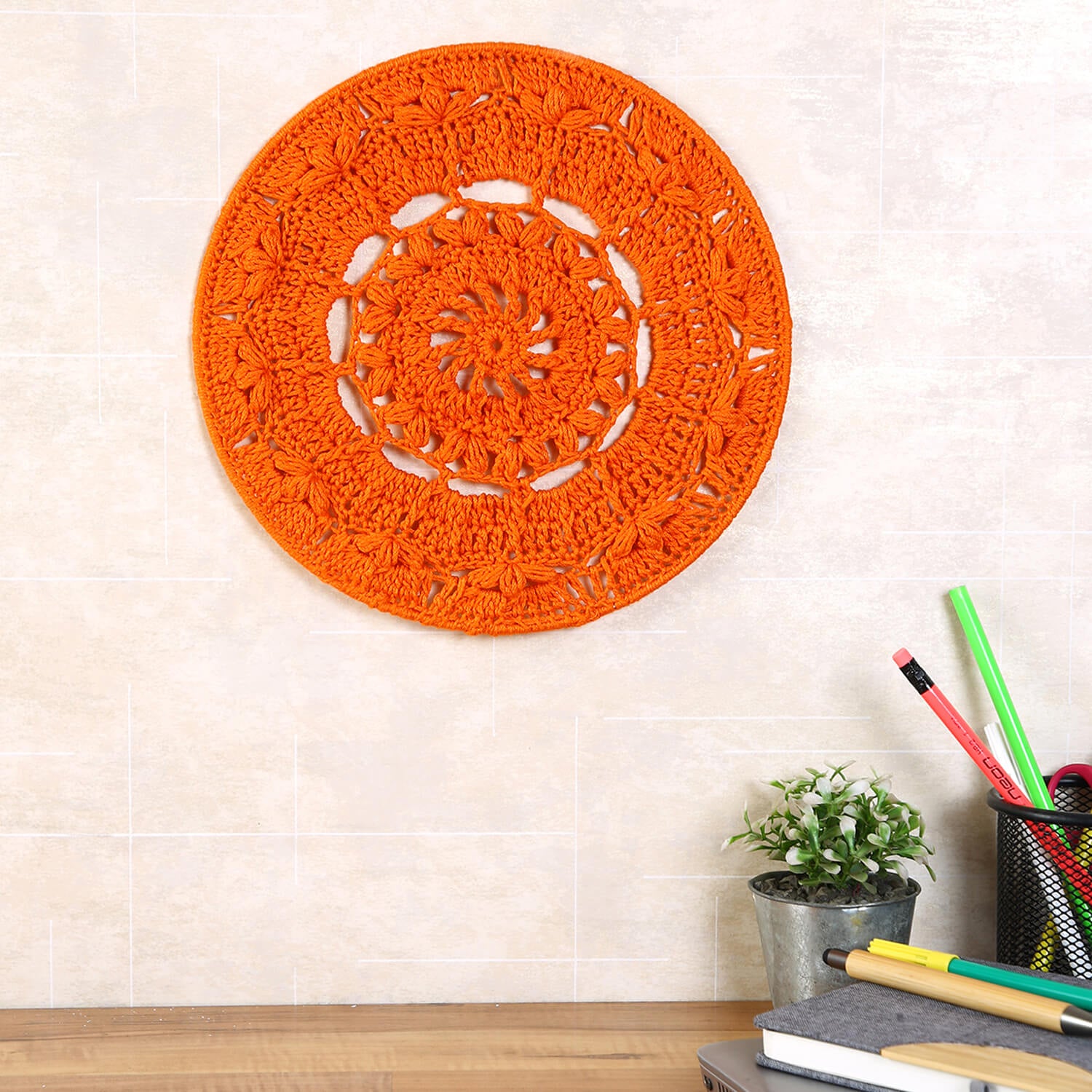 Crochet Mandala Wall Art - Boho Decor - 25 cm - Orange