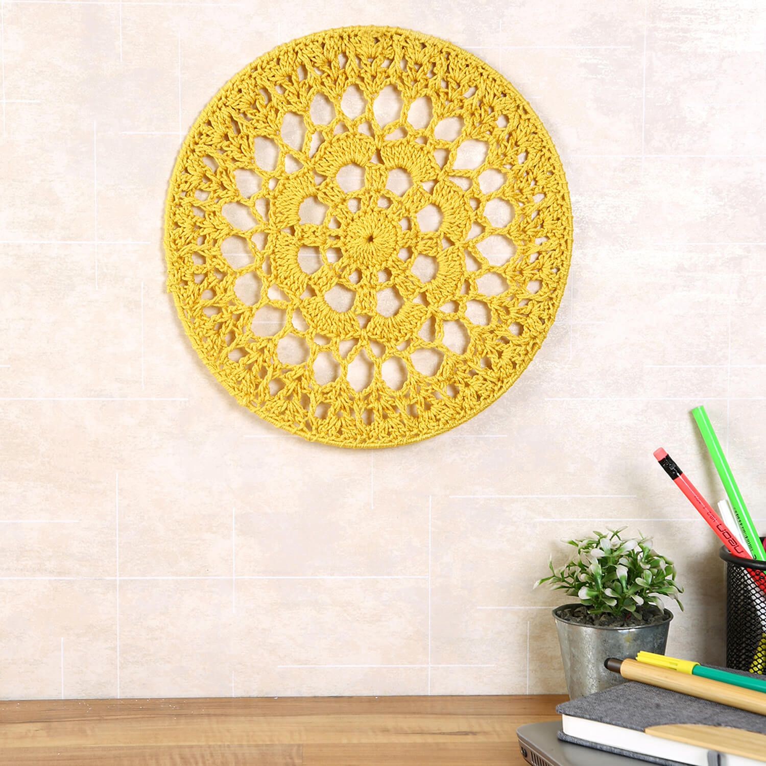 Crochet Mandala Wall Art - Boho Decor - 25 cm - Yellow