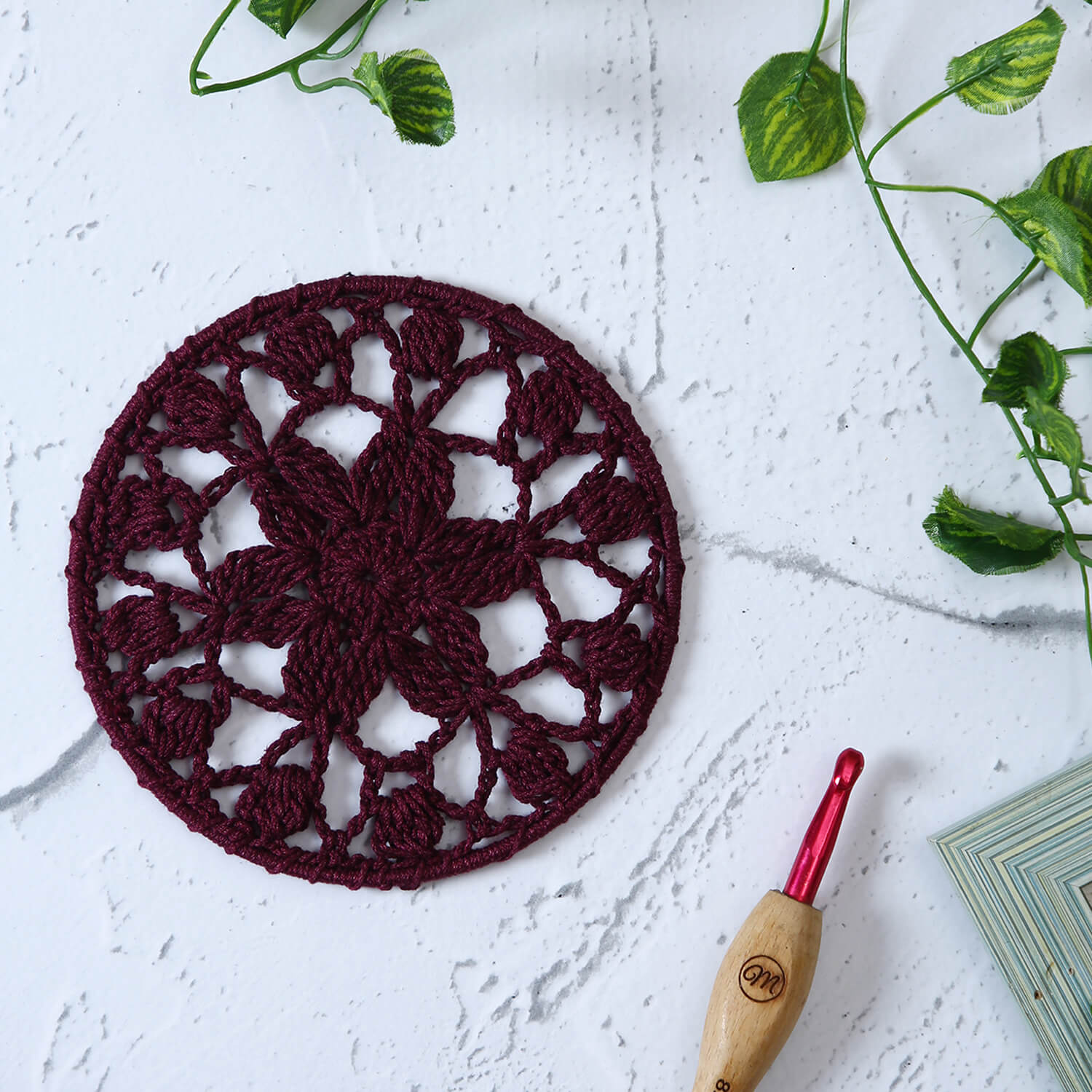 Crochet Mandala Wall Art - Boho Decor - 15 cm - Wine