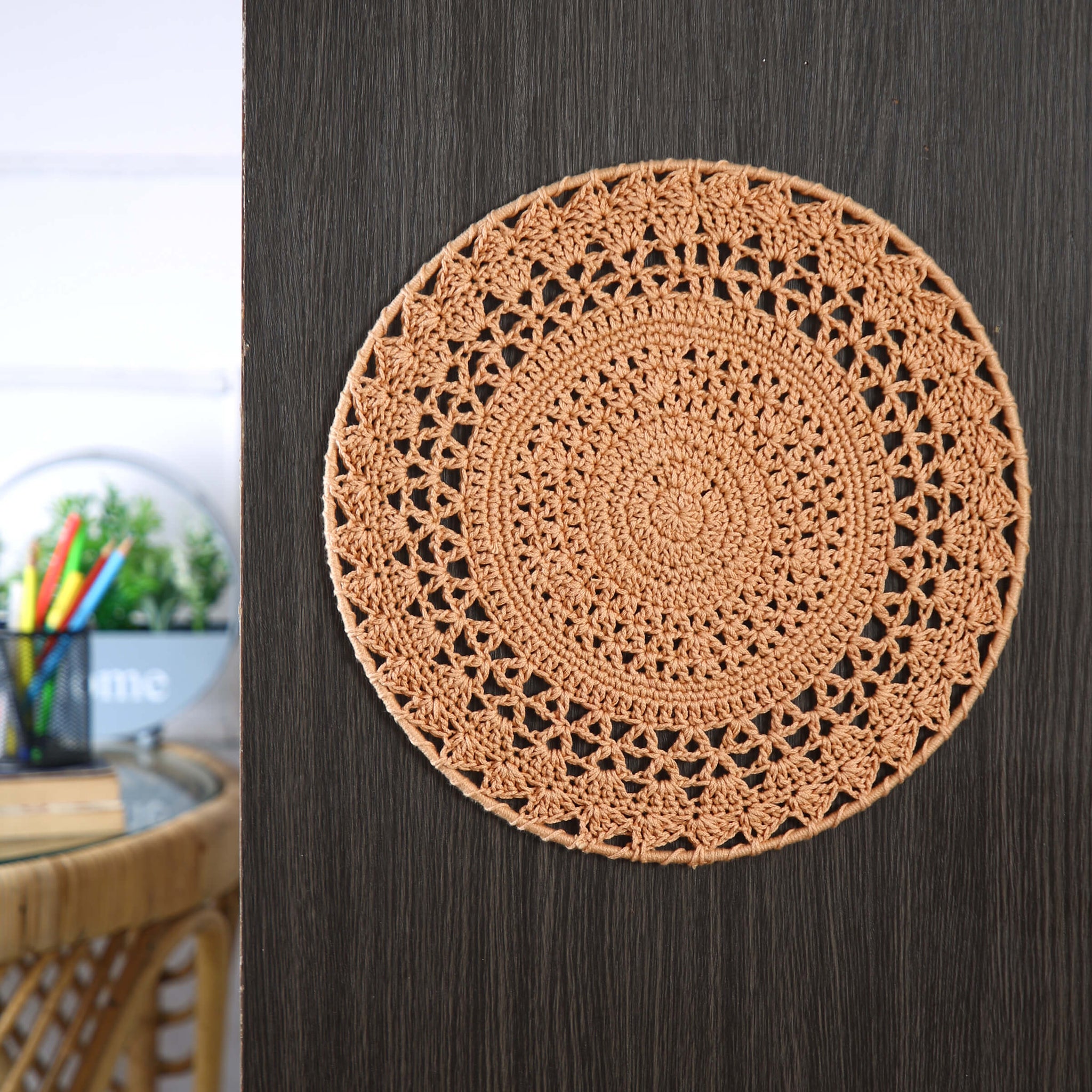 Crochet Mandala Wall Art - Boho Decor - 35 cm - Light Brown