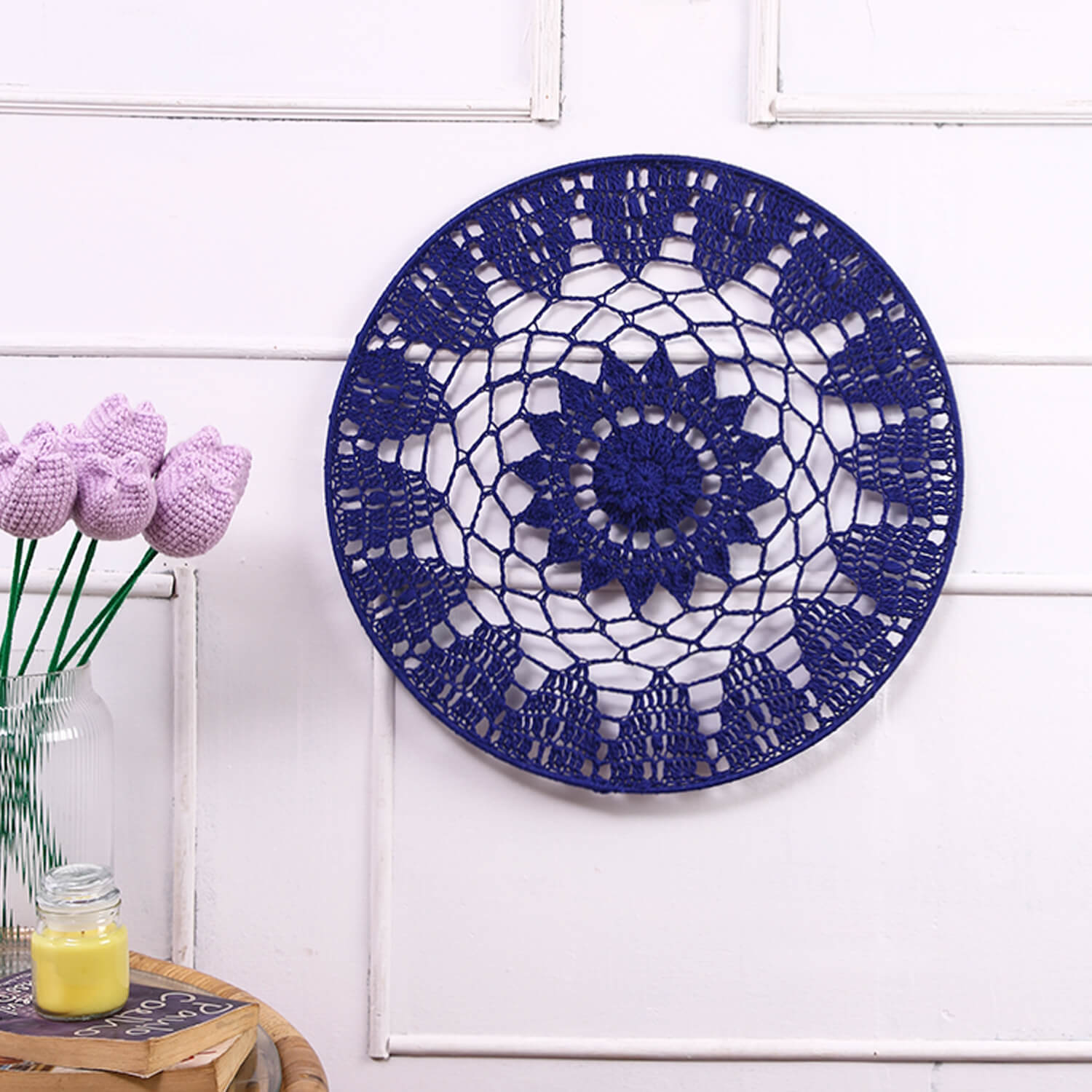 Crochet Mandala Wall Art - Boho Decor - 45 cm - Blue