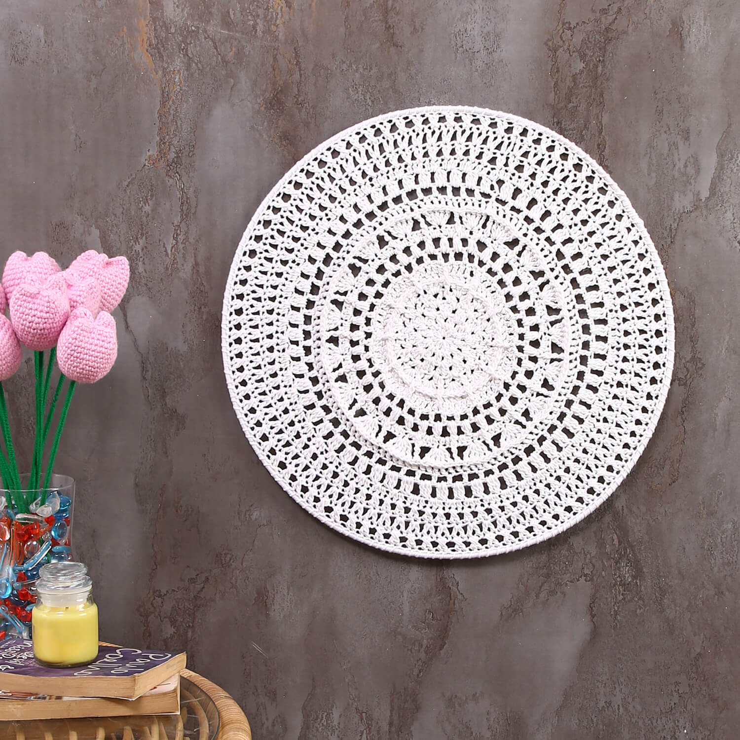 Crochet Mandala Wall Art - Boho Decor - 45 cm - White