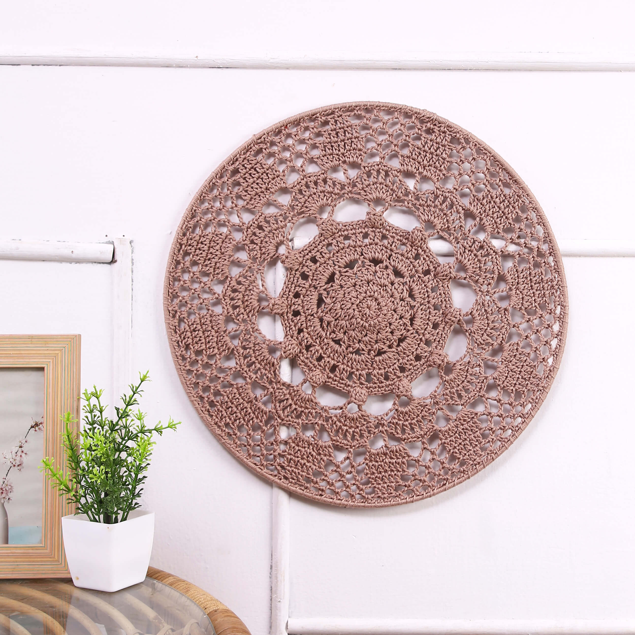 Crochet Mandala Wall Art - Boho Decor - 35 cm - Beige