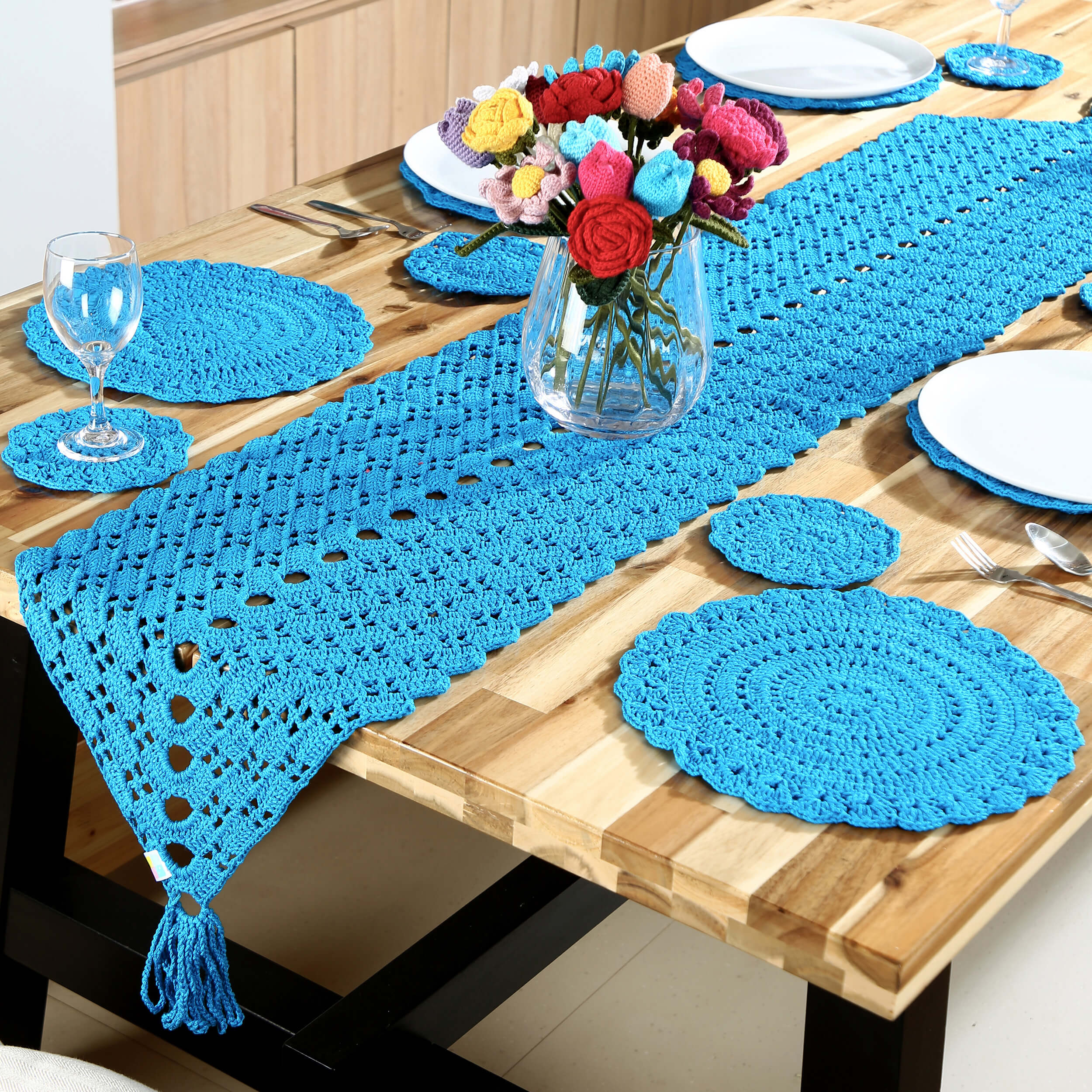 Handmade Table Runner, Placemats & Coasters Set - 10378 Blue