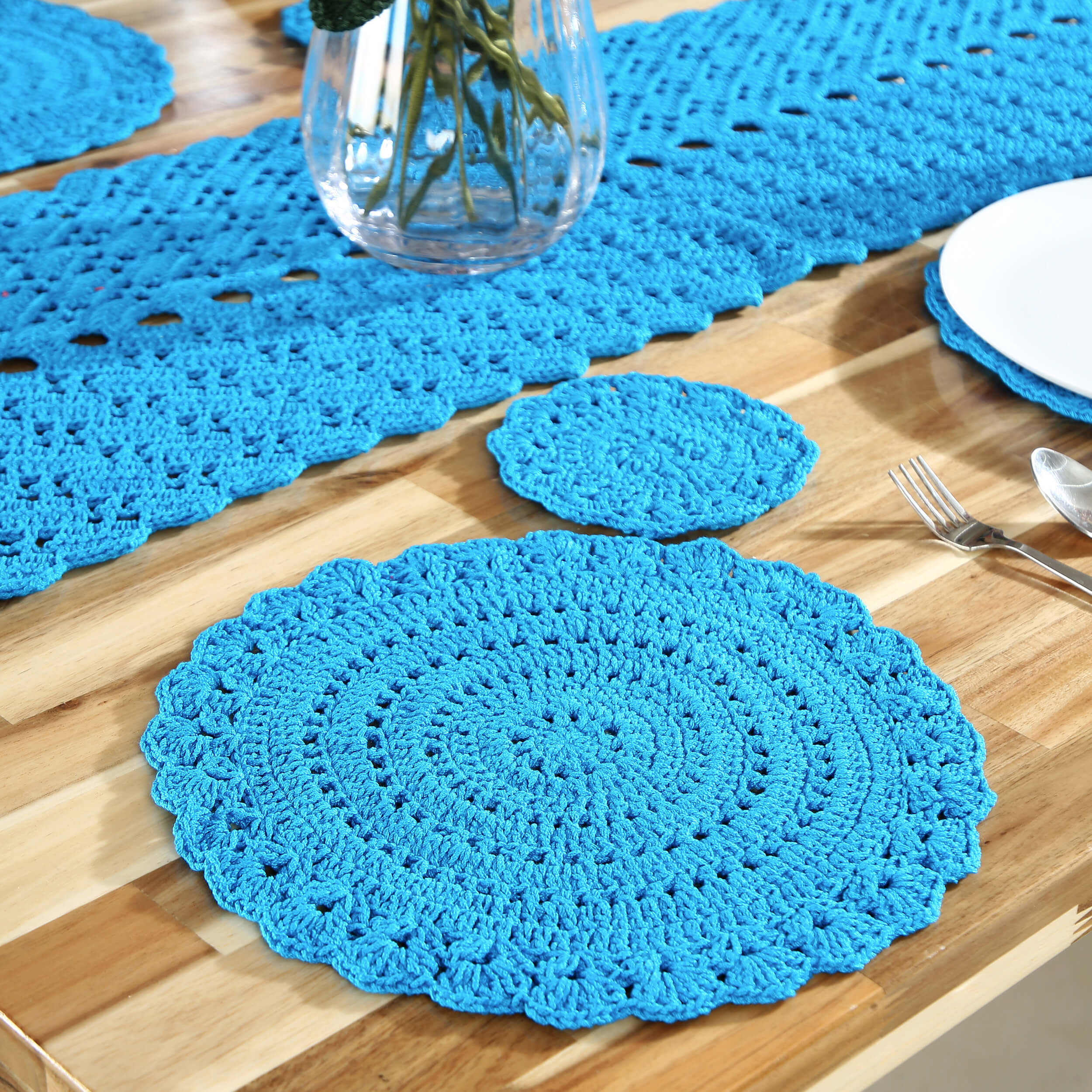 Handmade Table Runner, Placemats & Coasters Set - 10378 Blue