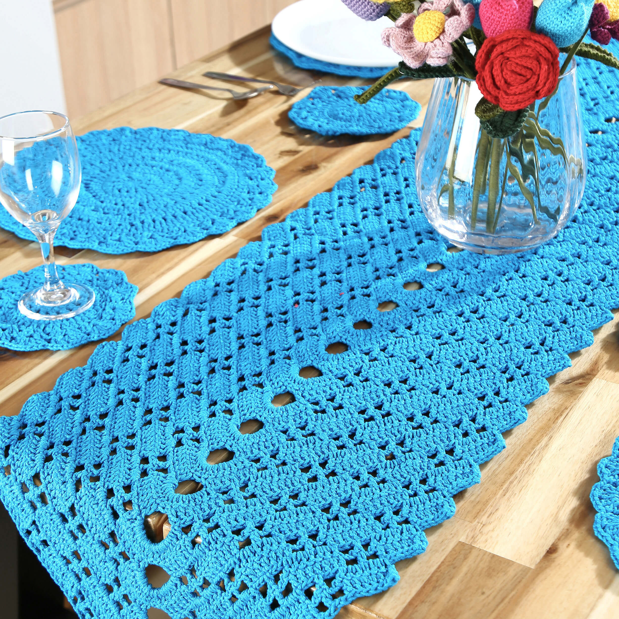 Handmade Table Runner, Placemats & Coasters Set - 10378 Blue