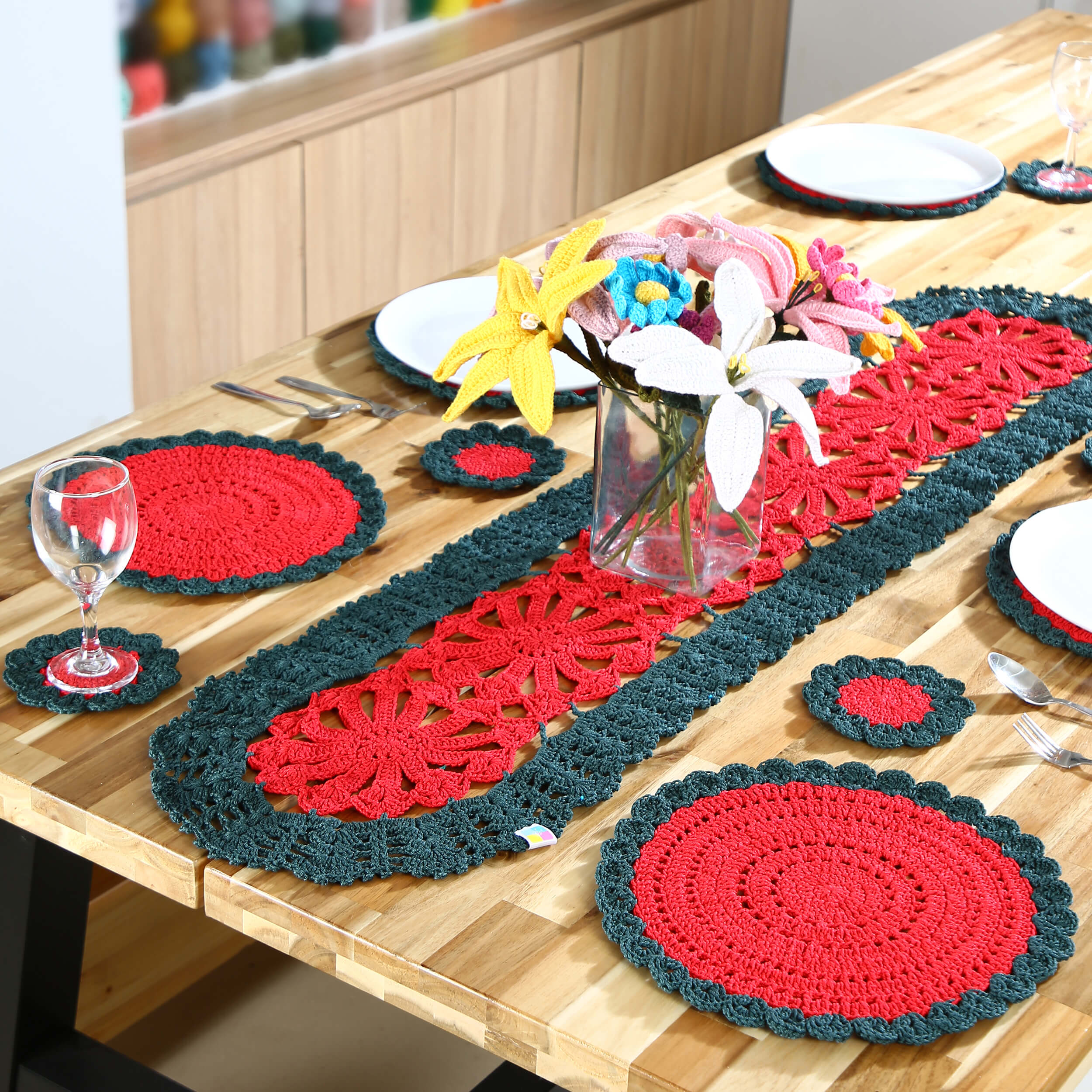 Handmade Table Runner, Placemats & Coasters Set - 10379 Red & Dark Green