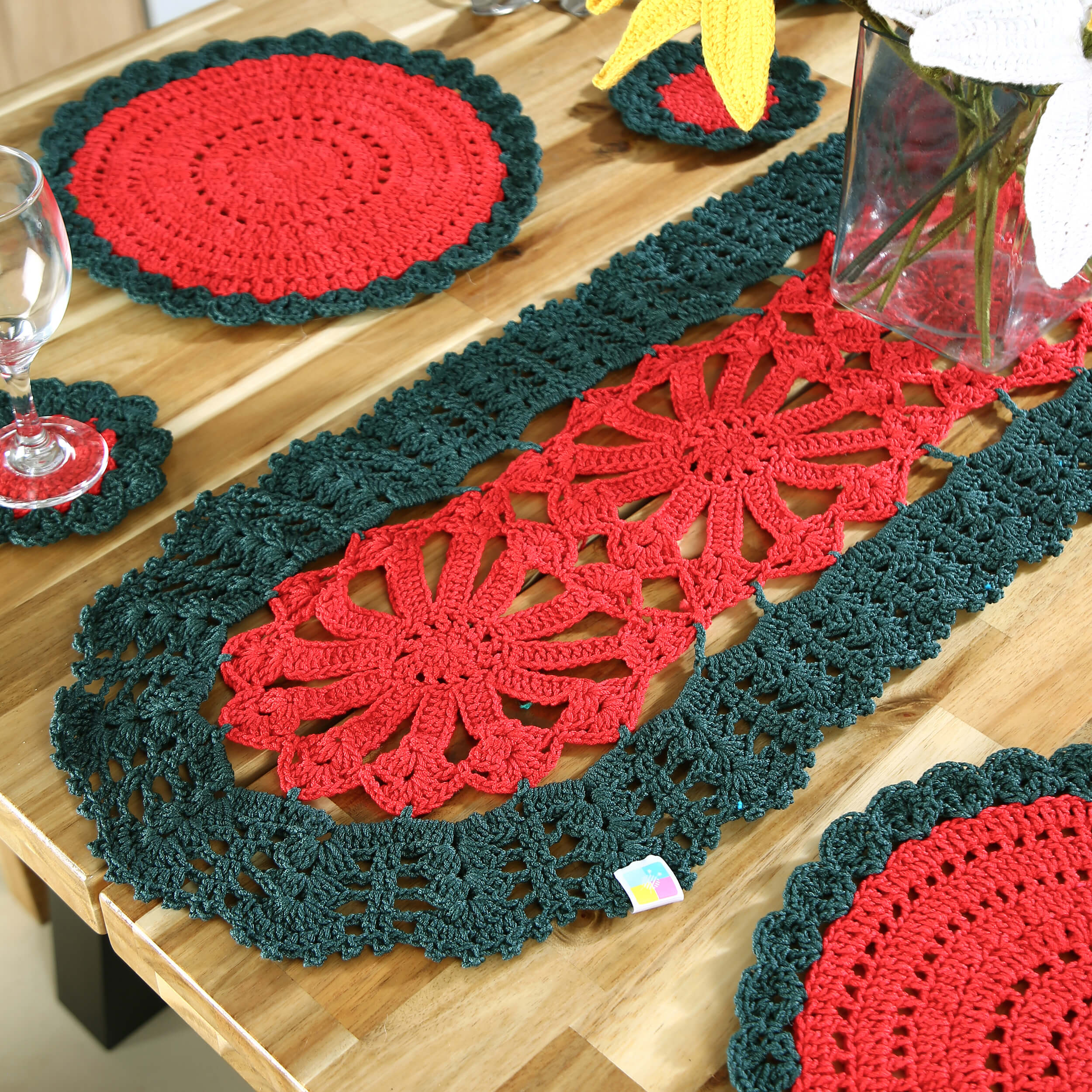 Handmade Table Runner, Placemats & Coasters Set - 10379 Red & Dark Green