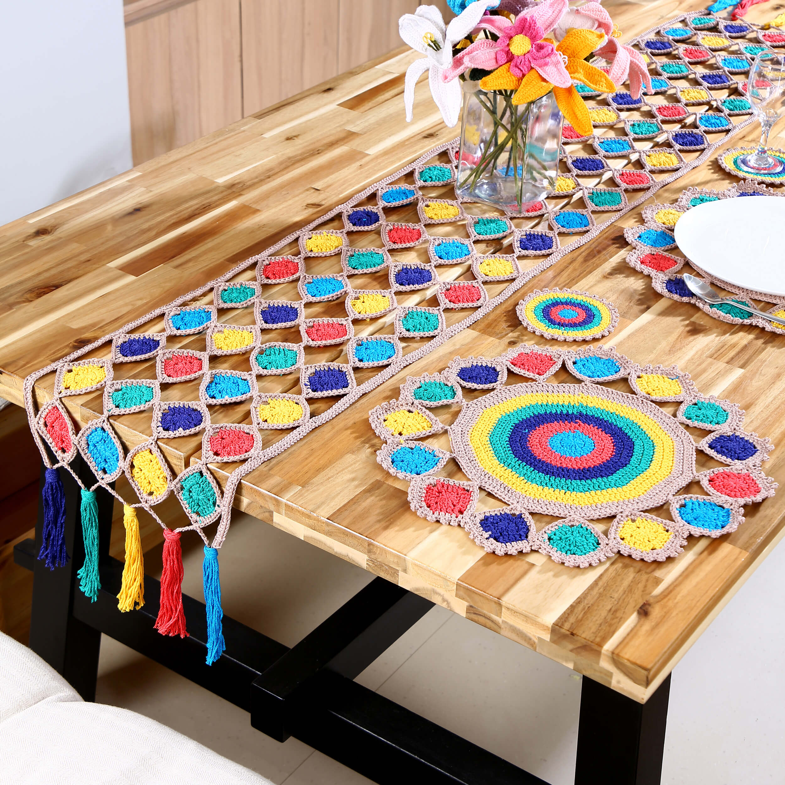 Handmade Table Runner, Placemats & Coasters Set - 10380 Multicolor