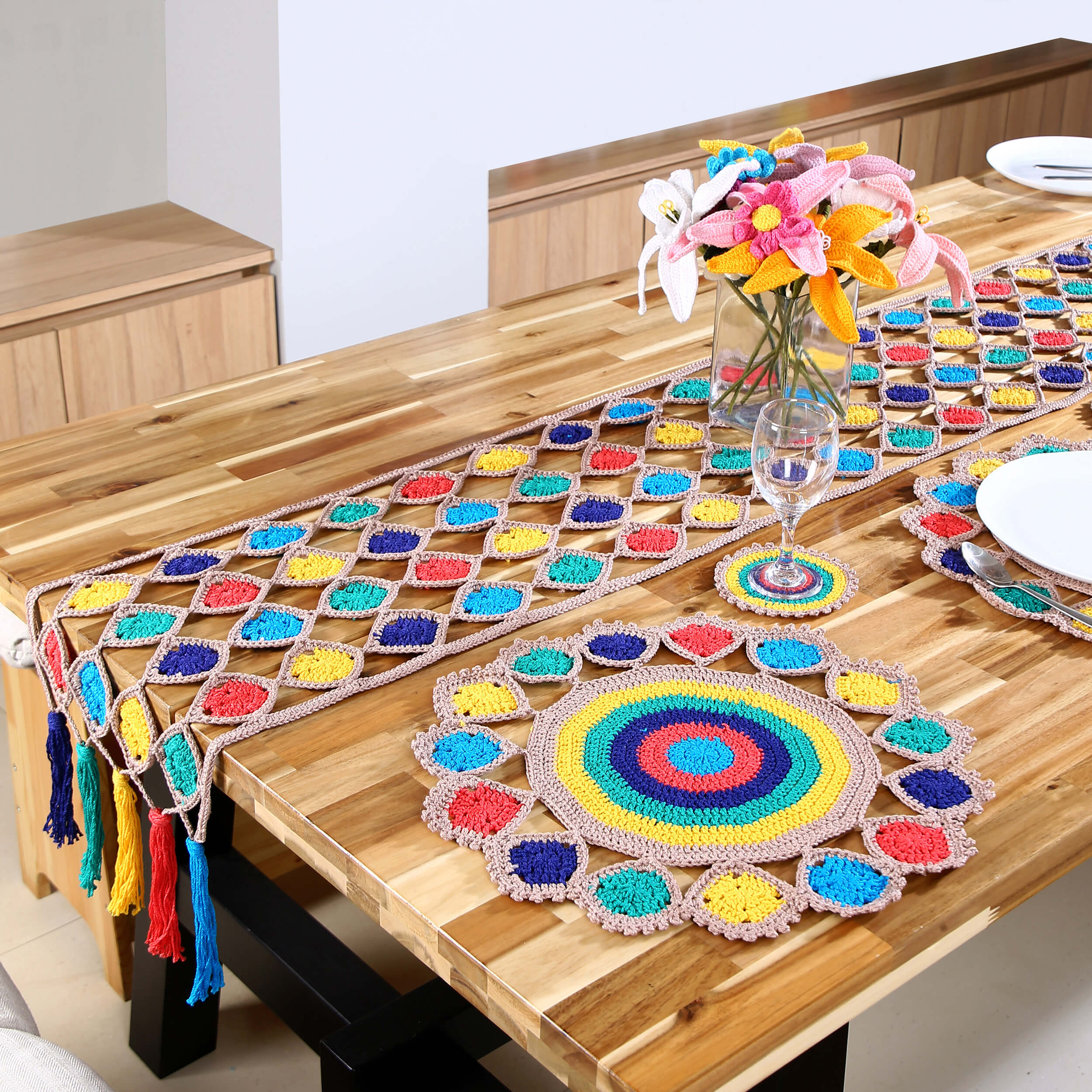 Handmade Table Runner, Placemats & Coasters Set - 10380 Multicolor