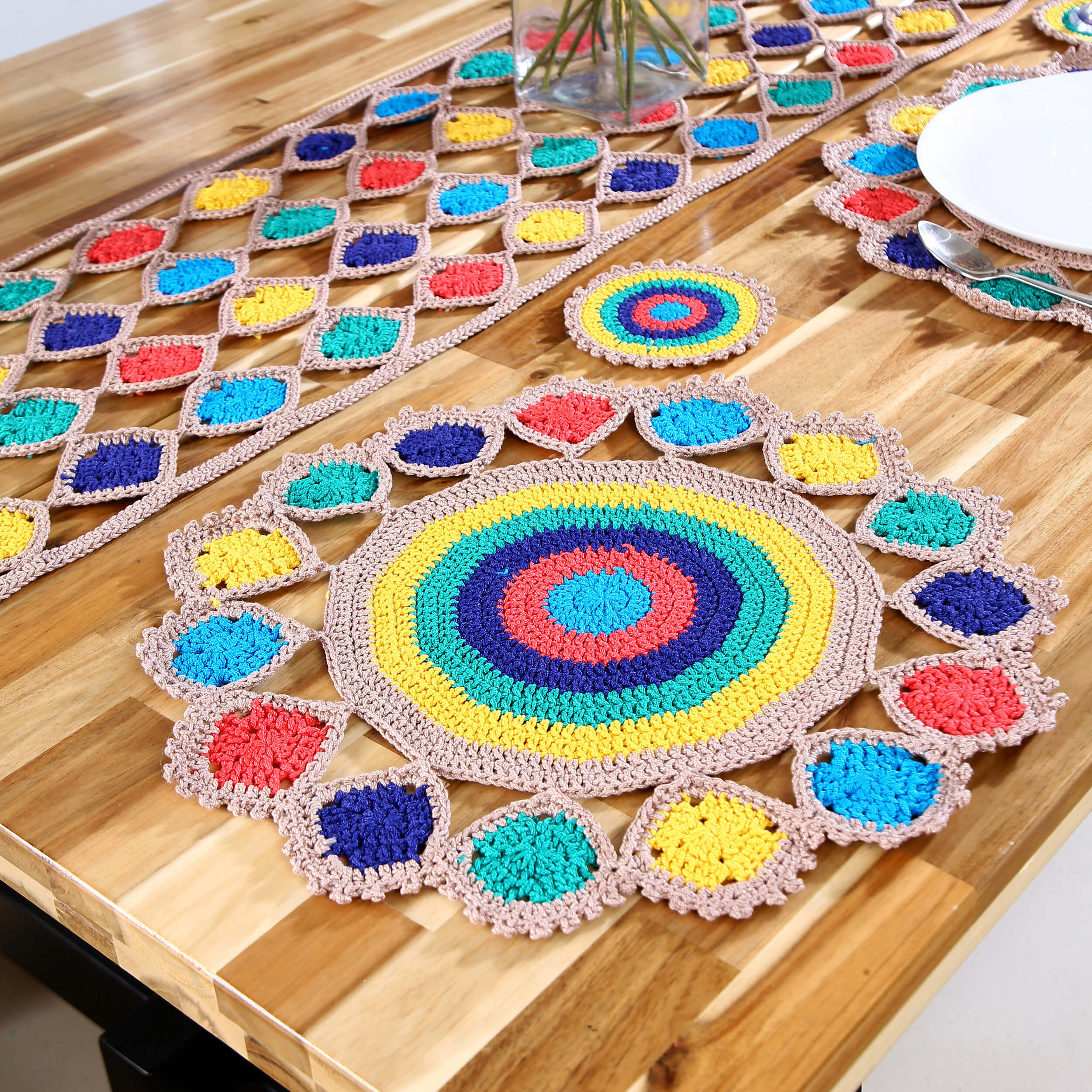 Handmade Table Runner, Placemats & Coasters Set - 10380 Multicolor