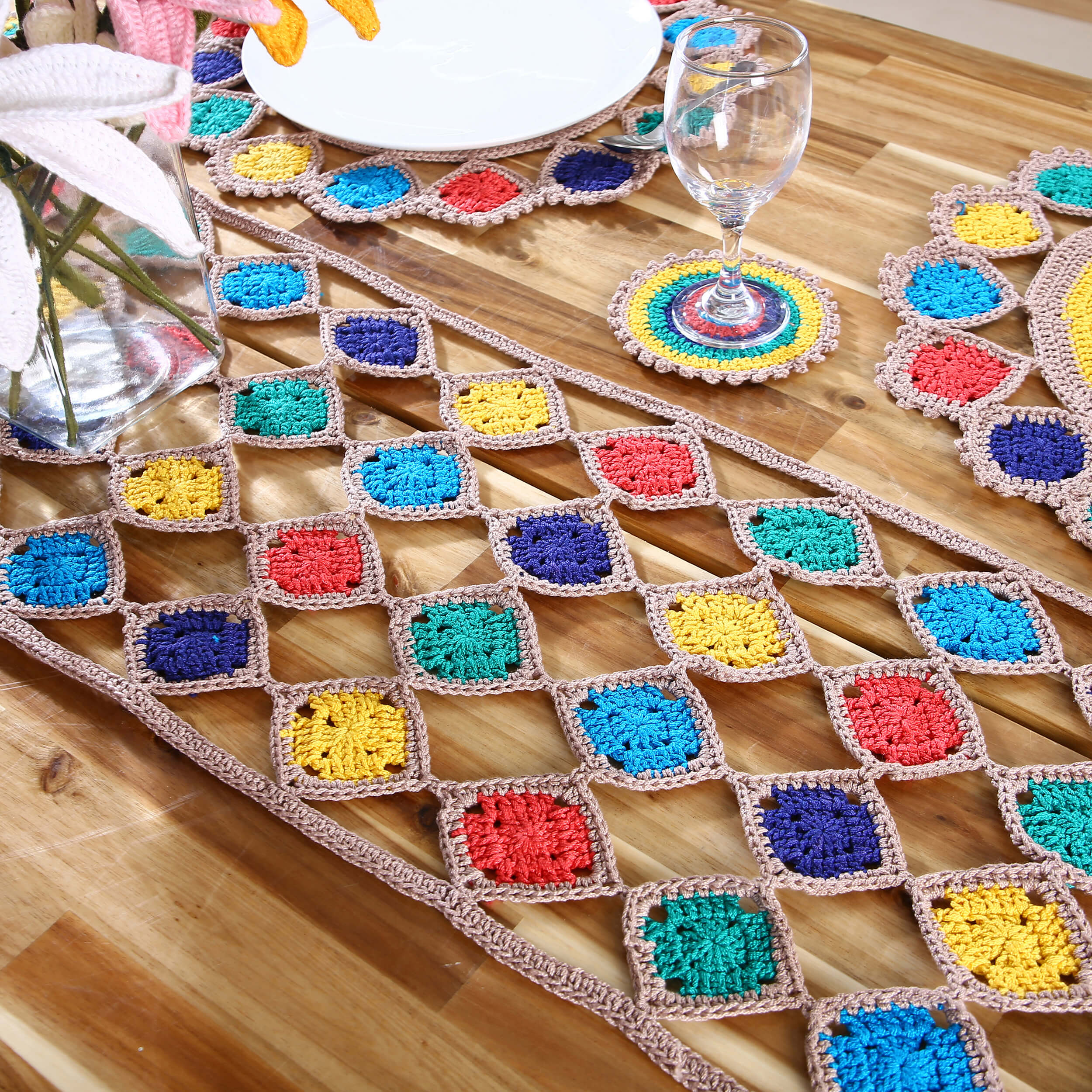 Handmade Table Runner, Placemats & Coasters Set - 10380 Multicolor